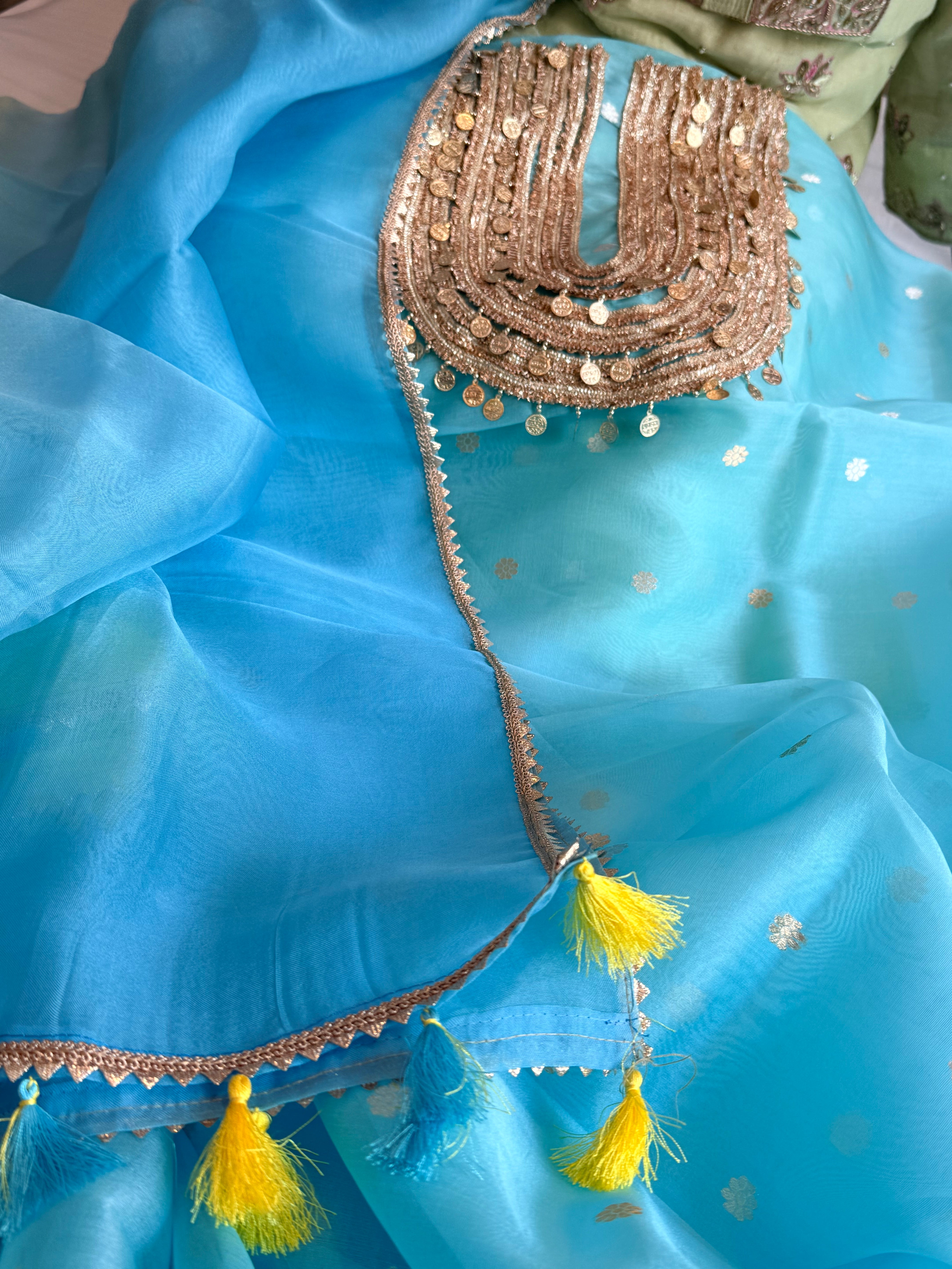 Coinwork banarasi kora silk firozi blue kadhwa suit set