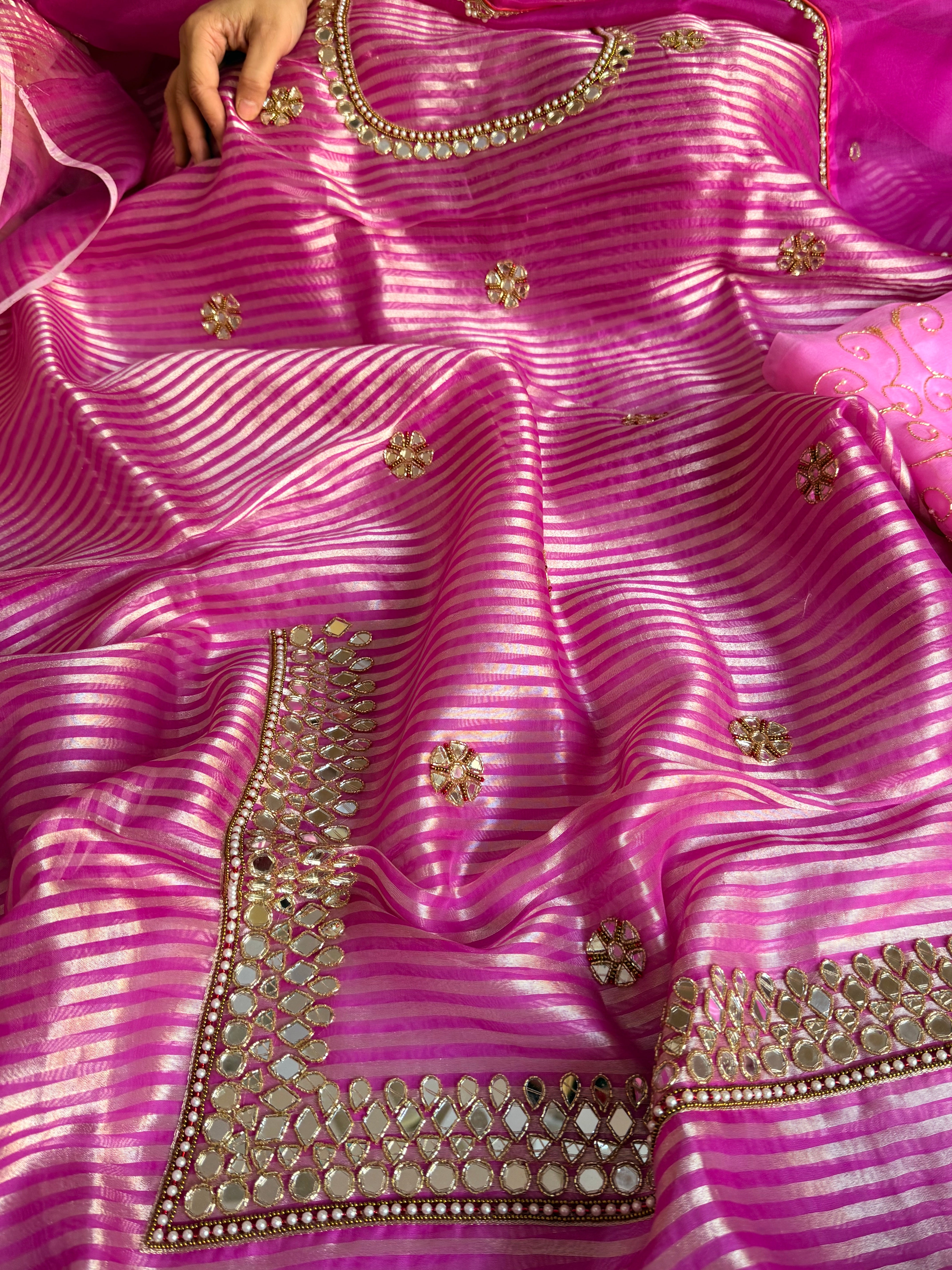 Kora silk silver zari striped mirror work edit hand embroidered kadhwa suit set