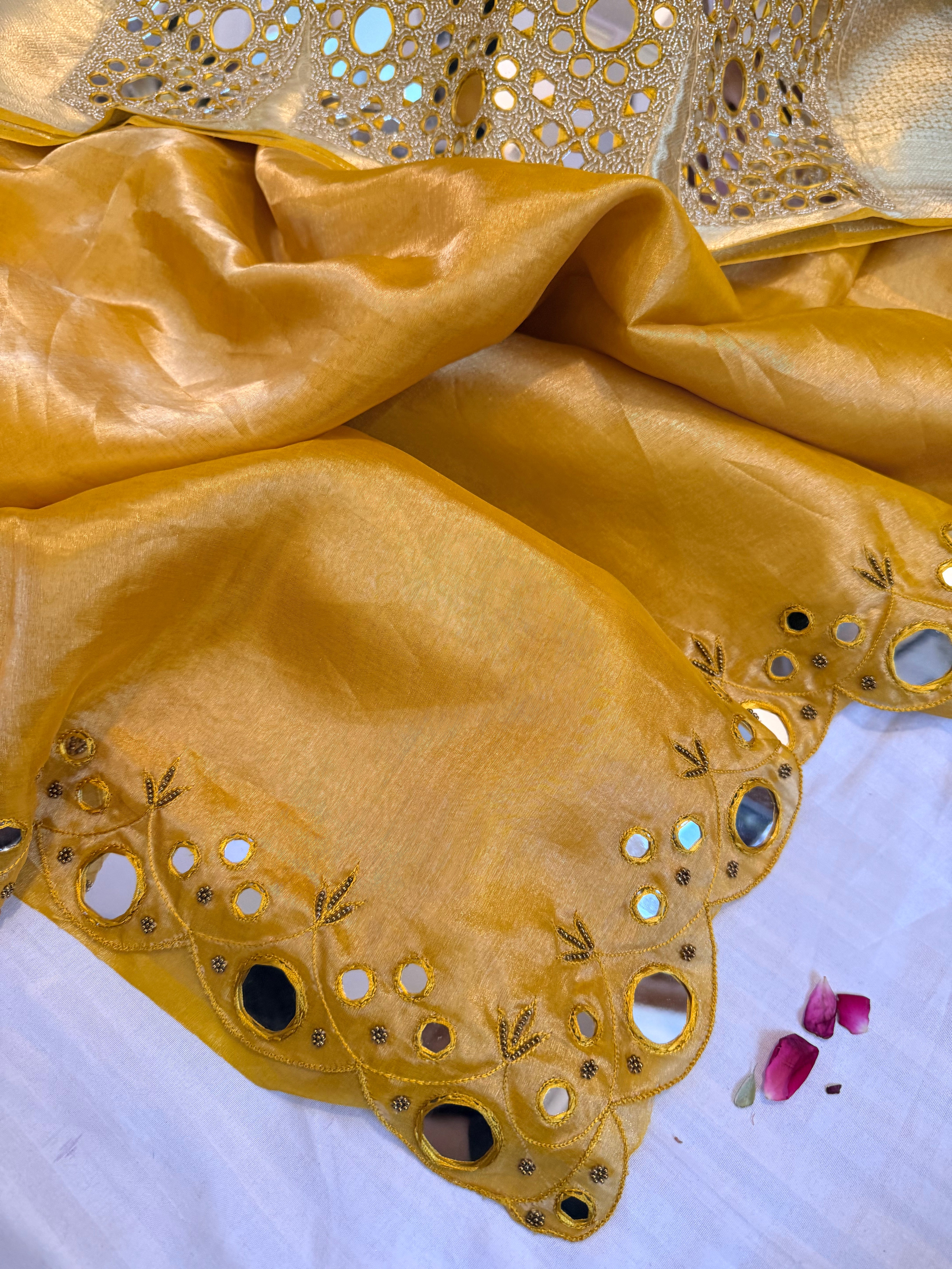 Sheeshe wali haldi yellow tissue silk mirrorwork hand embroidered banarasi saree