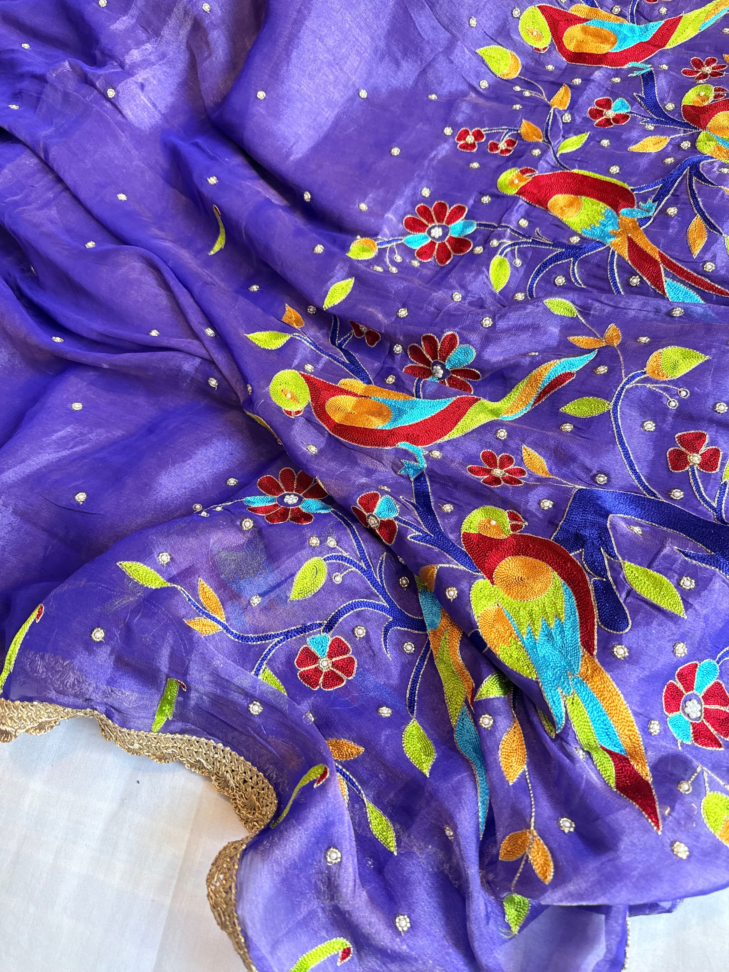 Ink purple tissue gorgette paithani meenakari hand embroidered saree