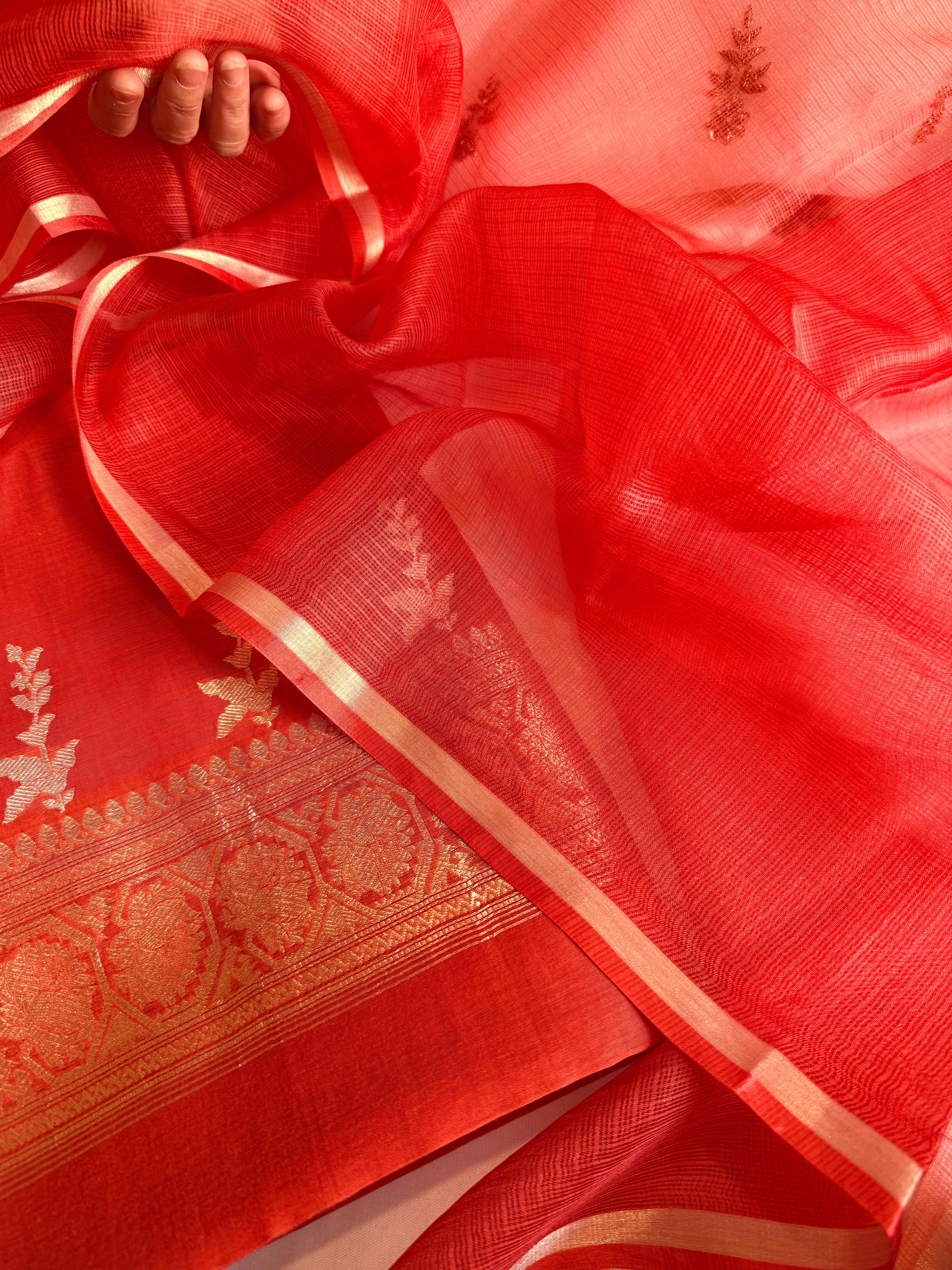 Rust red mul cotton kadhwa buti kurta paired with kora silk net duppata set