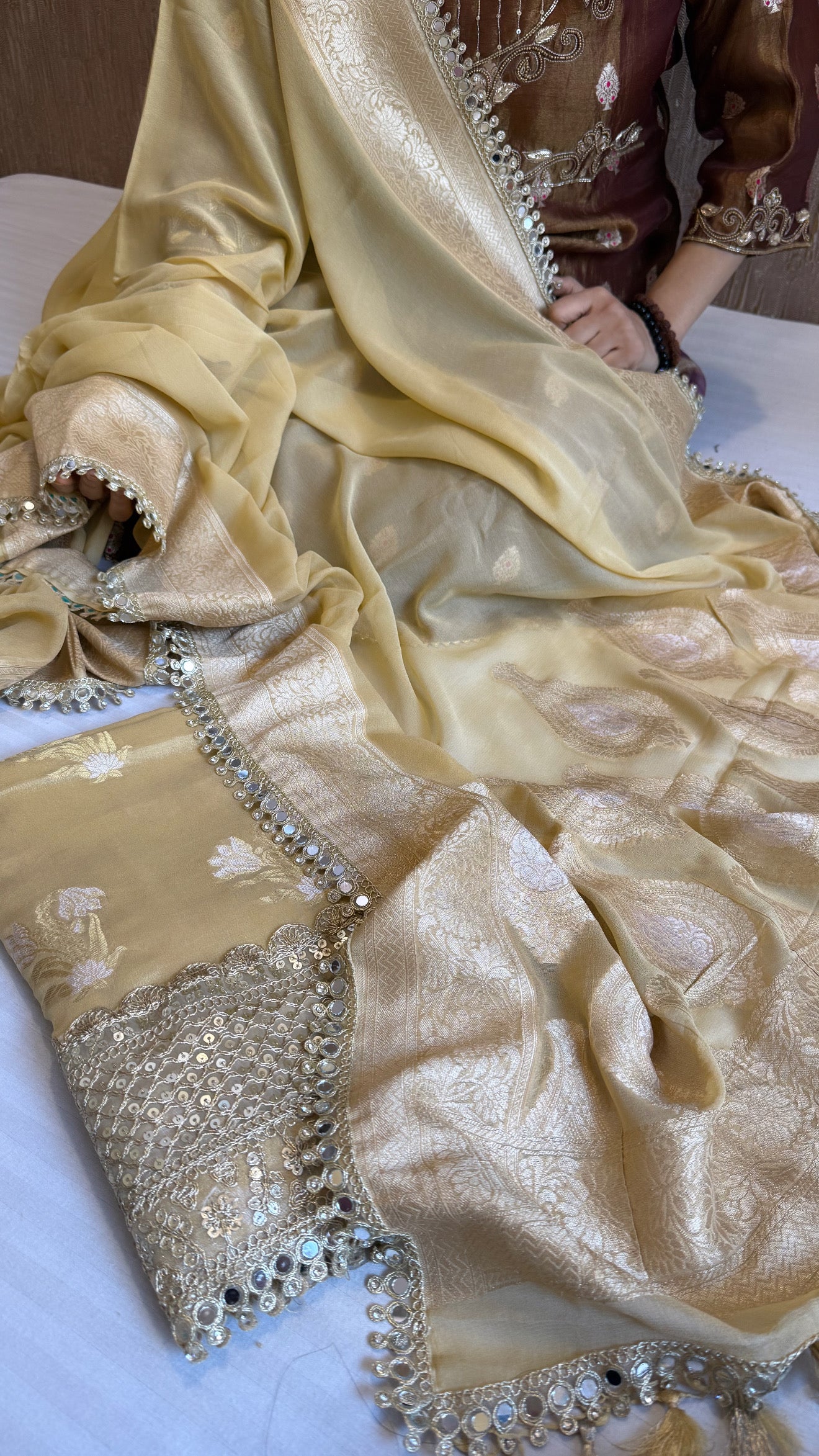 Banarasi dusty gold gorgette mirror work gotapatti suit set
