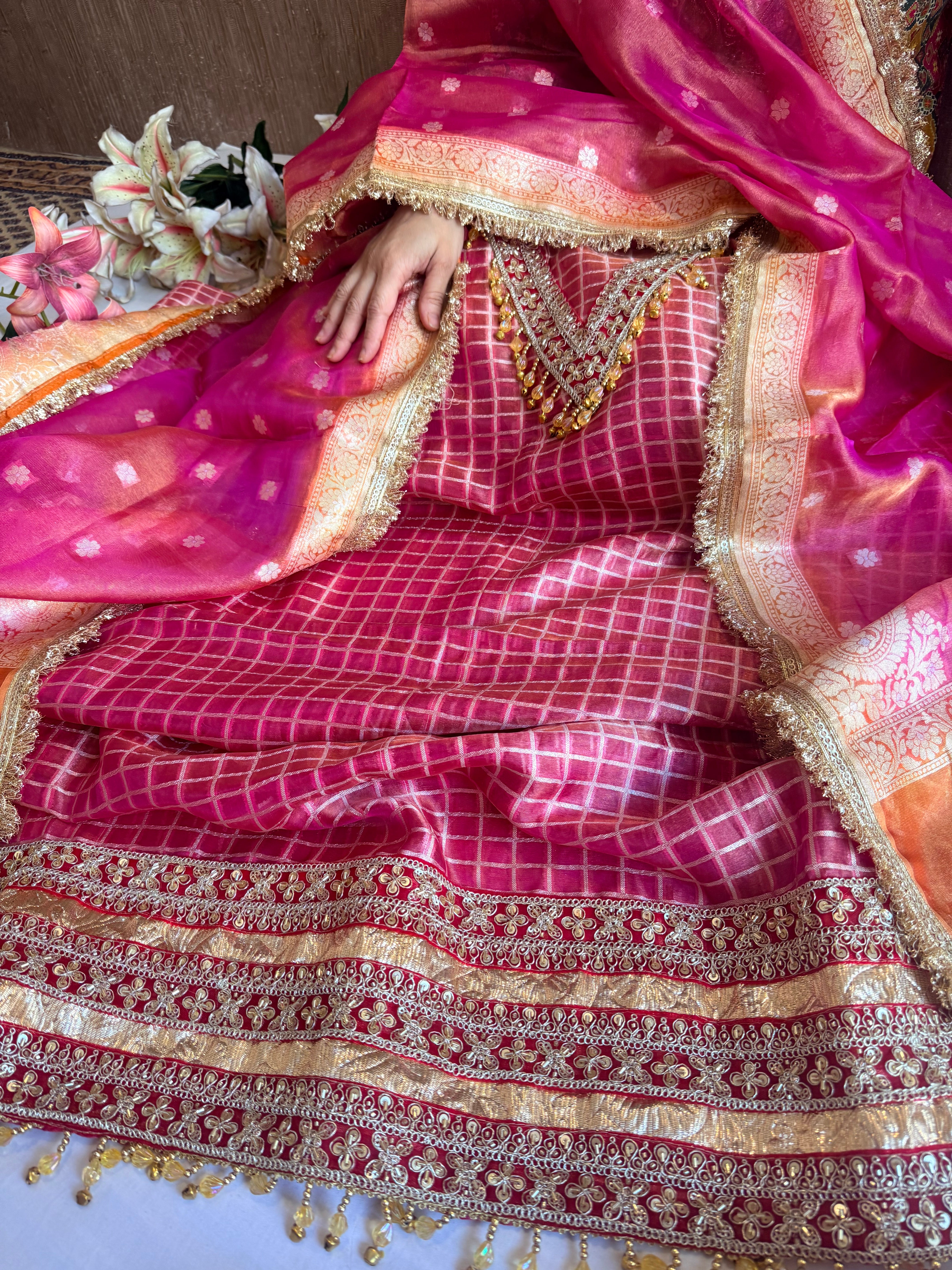 Banarasi tissue silk lampiwork chap dye hand embroidered embellished suit set