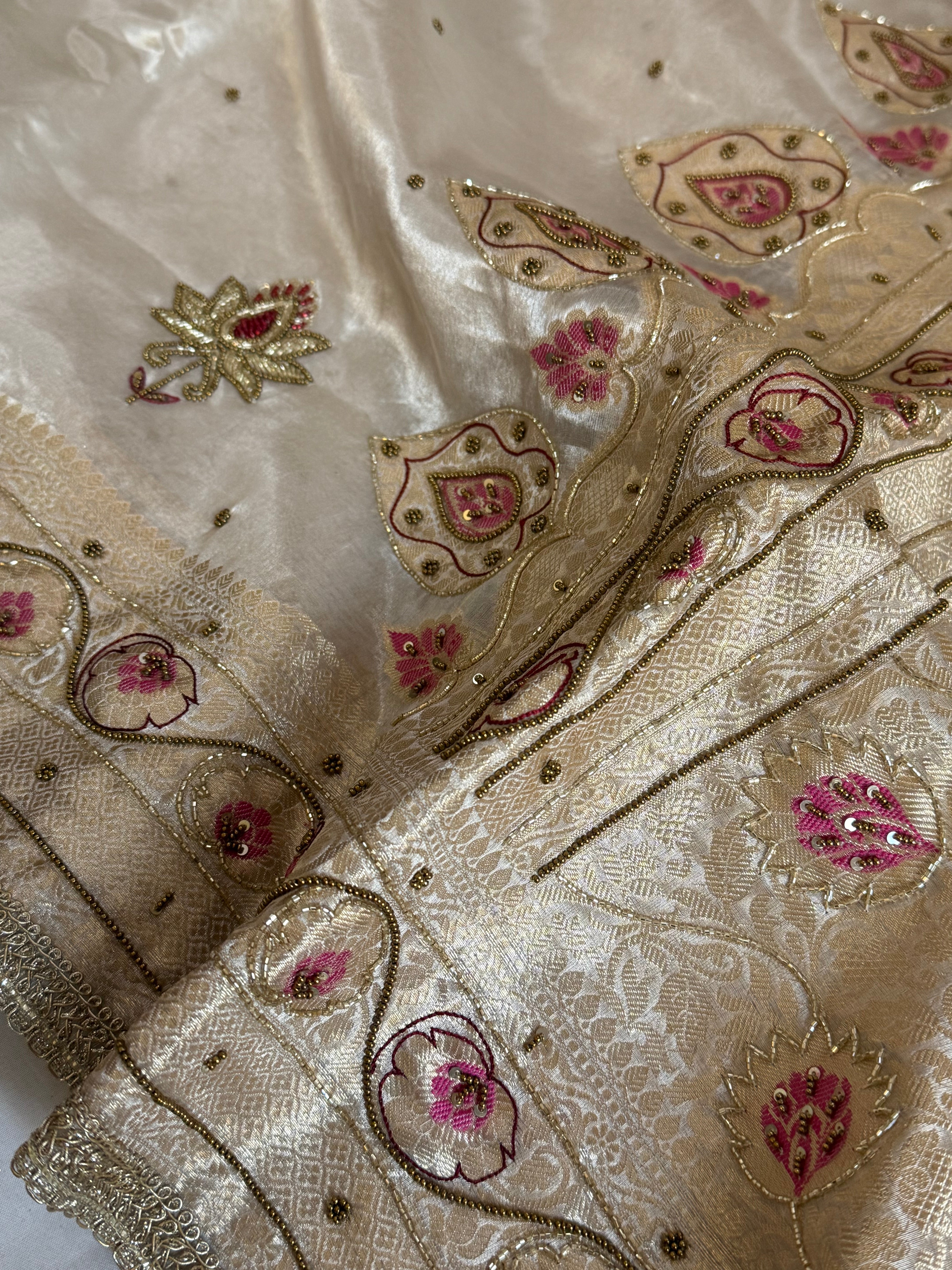 Moonlight silver diamond tissue pink meenakari kadhwa hand embroidered saree