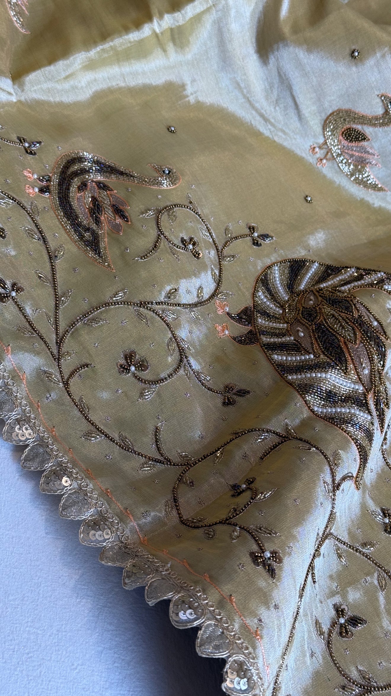 Satin tissue silk butter golden banarasi hand embroidered kadhwa saree