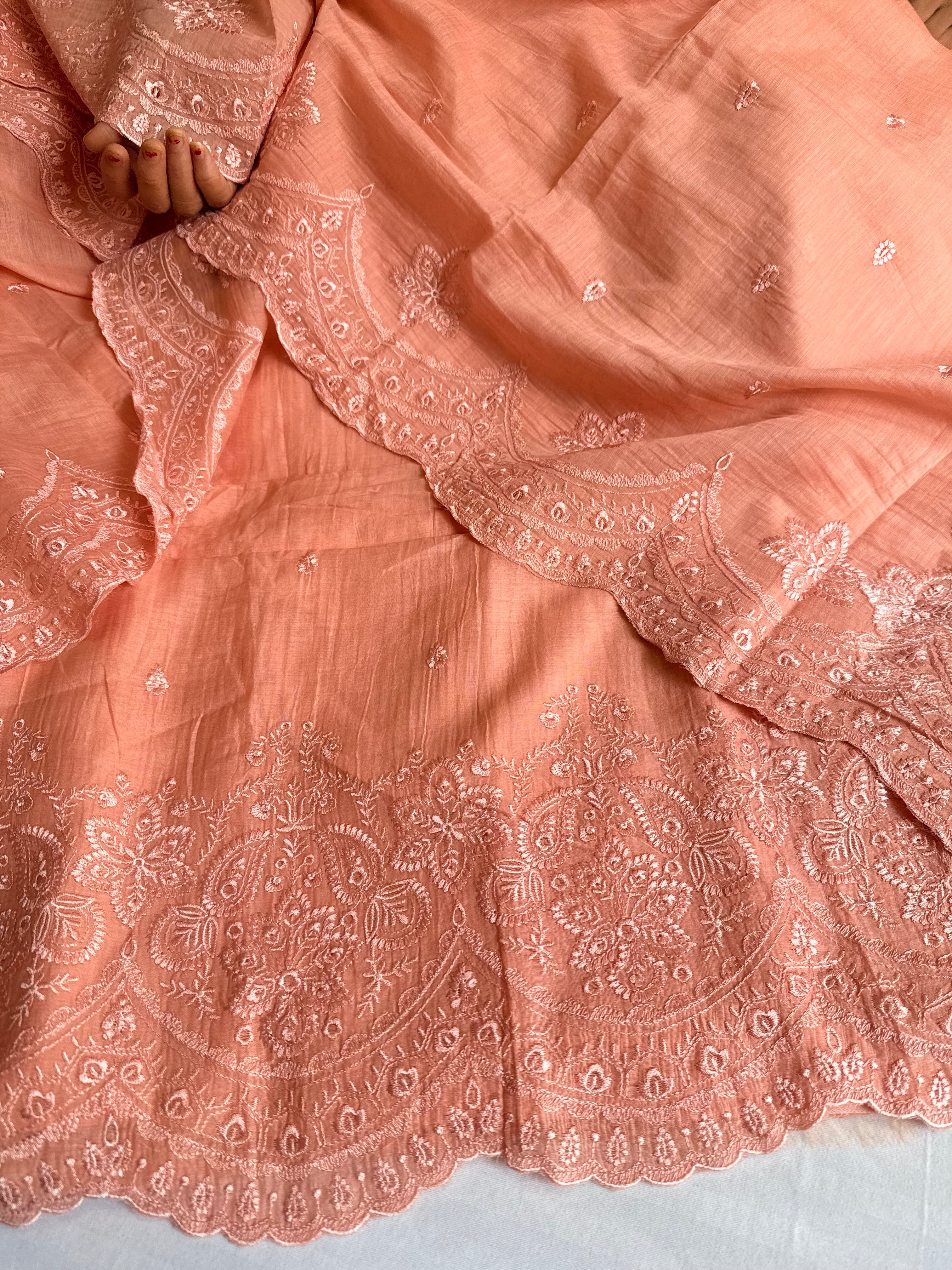 Peach mul cotton thread hand embroidered suit set