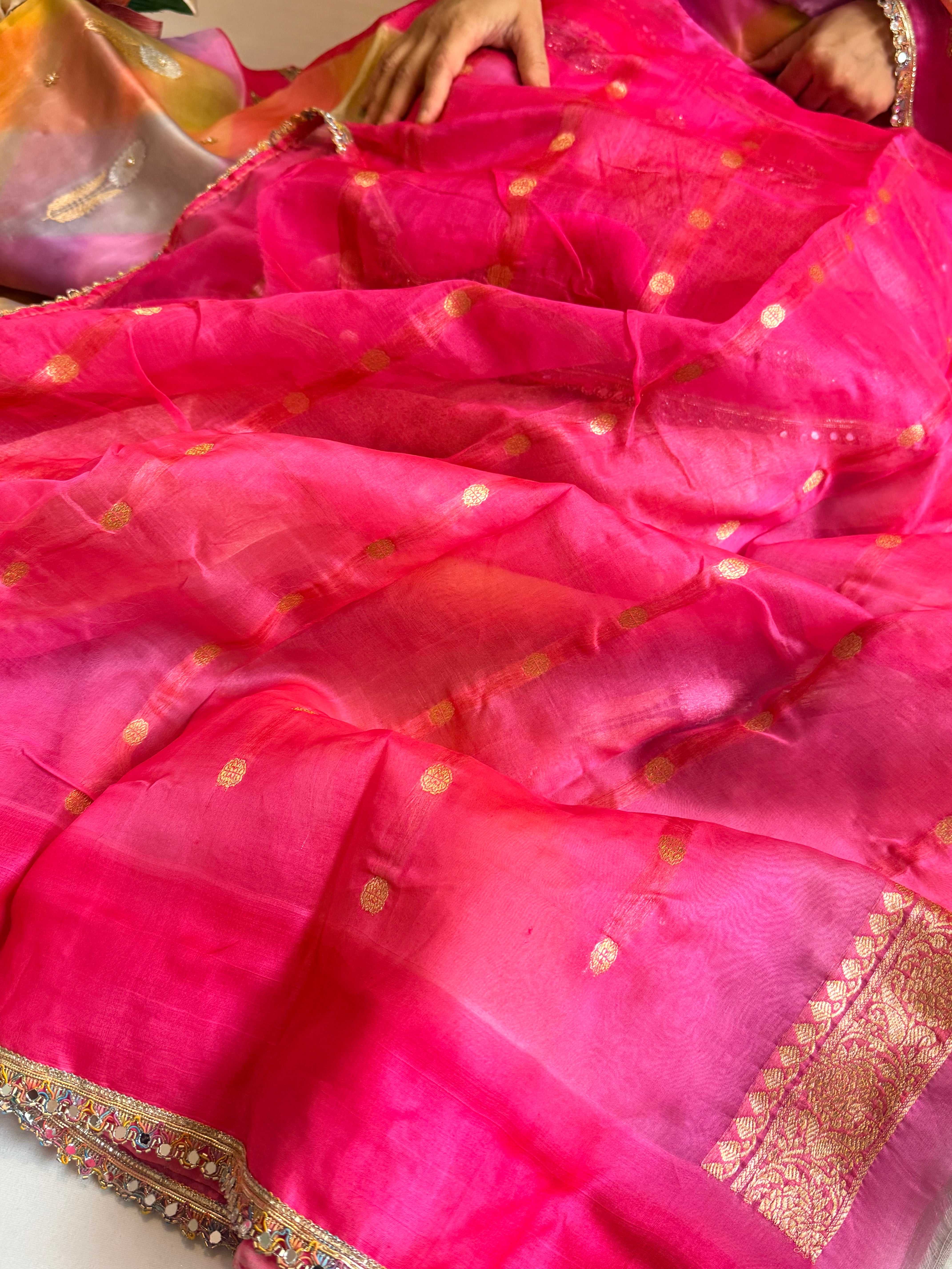 Gulab ka ras - Kora silk rangkaat weaving hand embroidered zubieda inspired saree