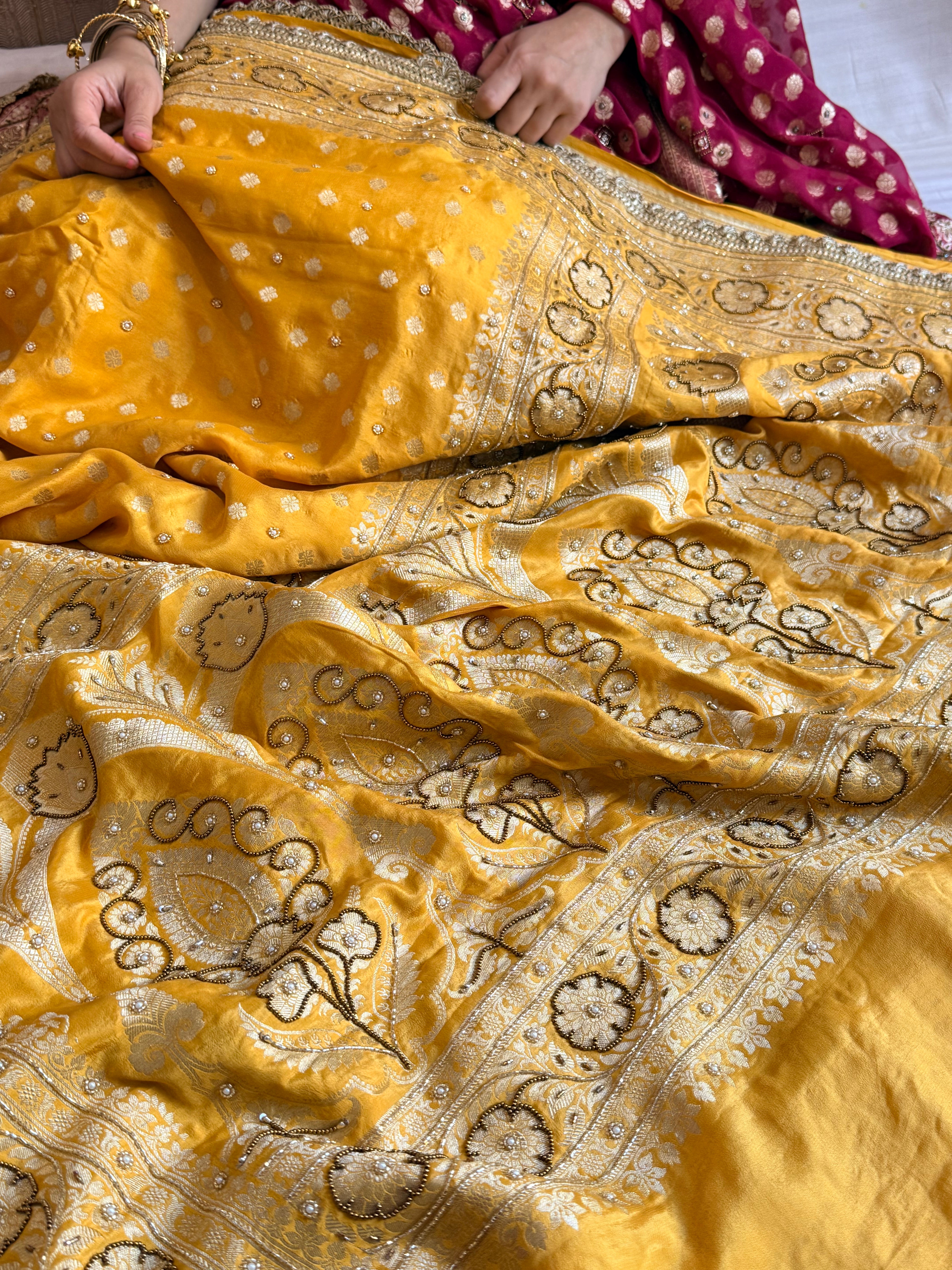 Banarasi haldi yellow chiffon gorgette kadhwa buti hand embroidered saree