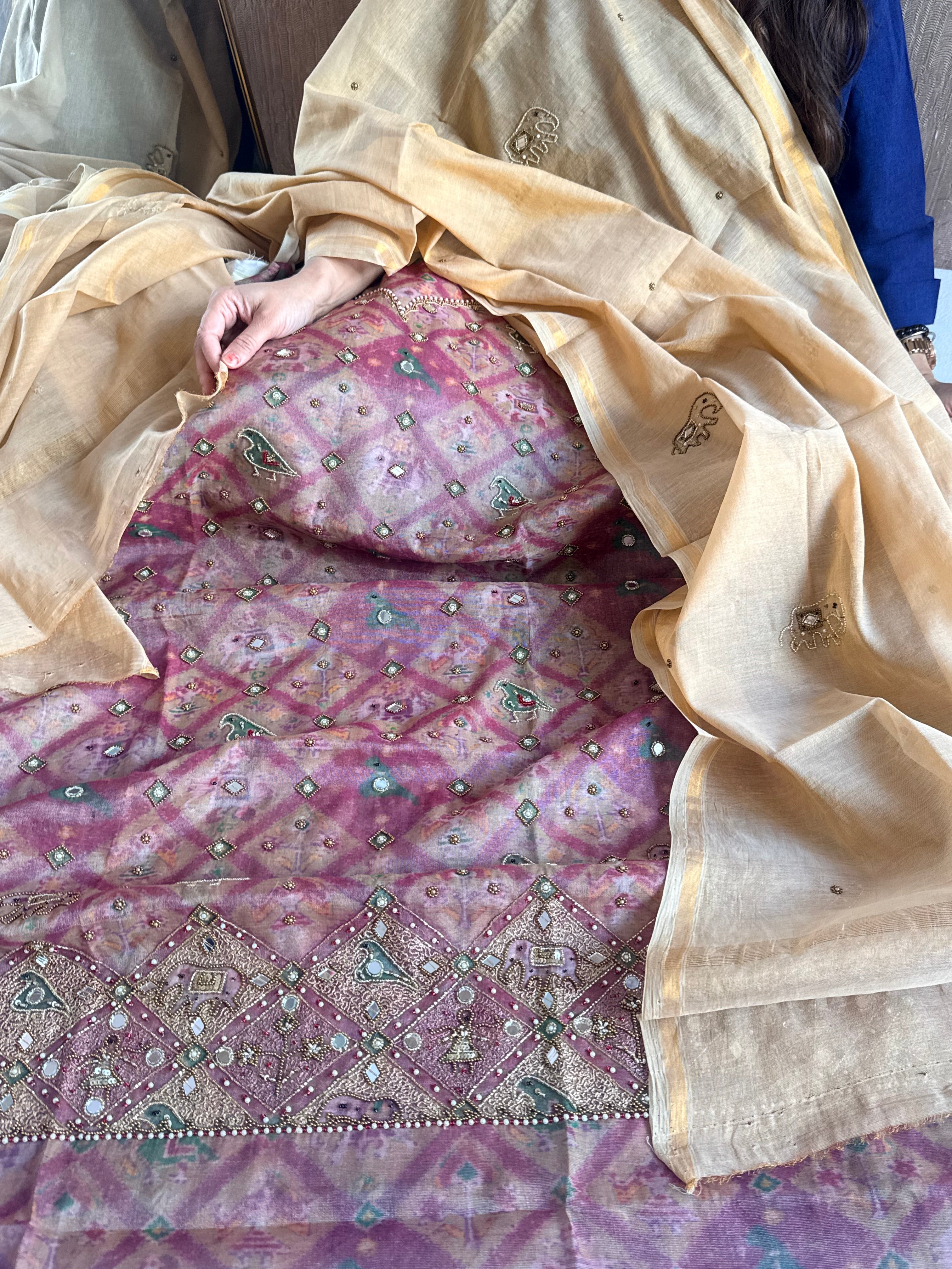 Patola weaving hand embroidered mul cotton tissue suit sets