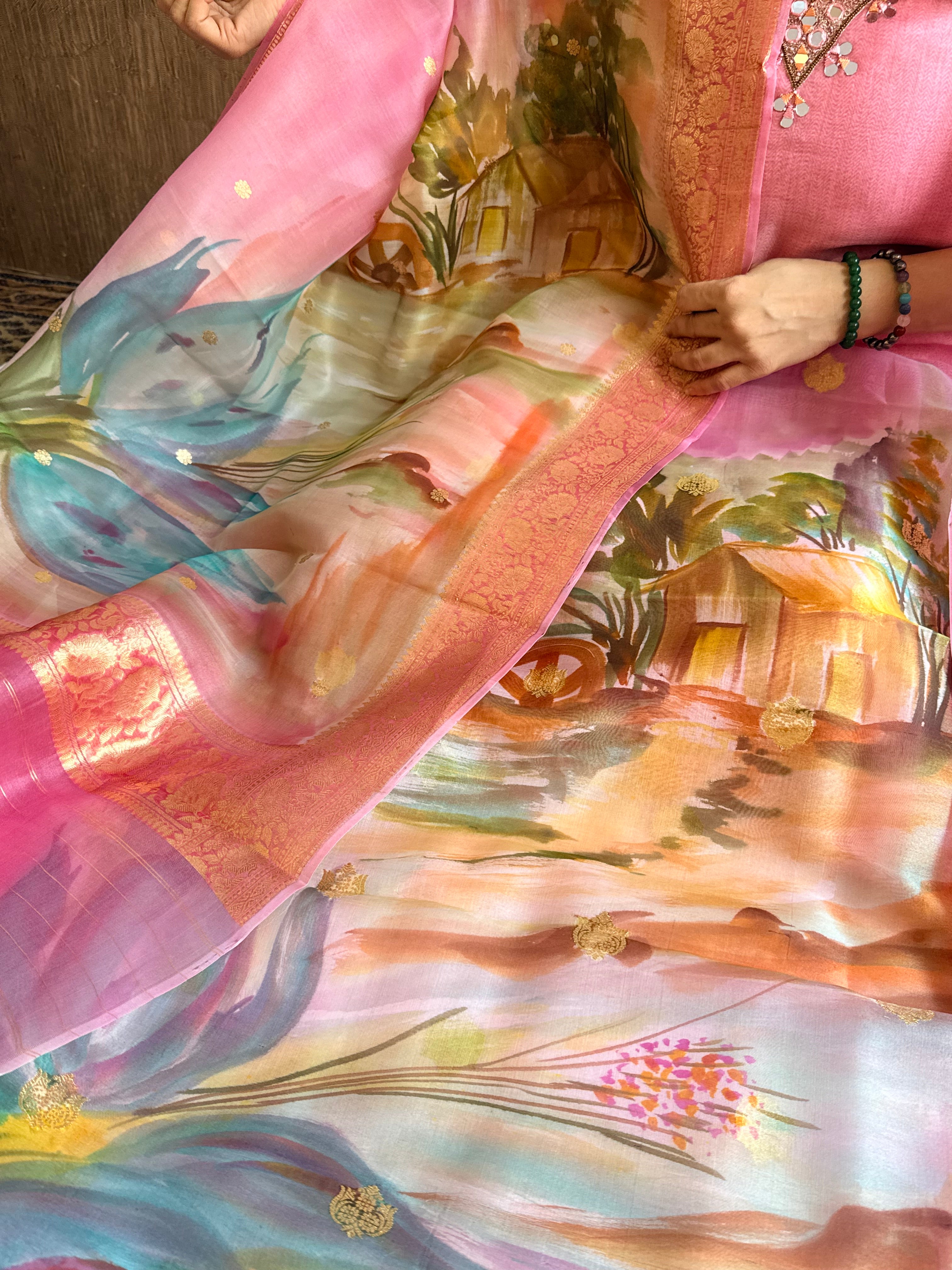 Banarasi kora silk handpainted ghatwork kadhwa buti rainbow dye suits