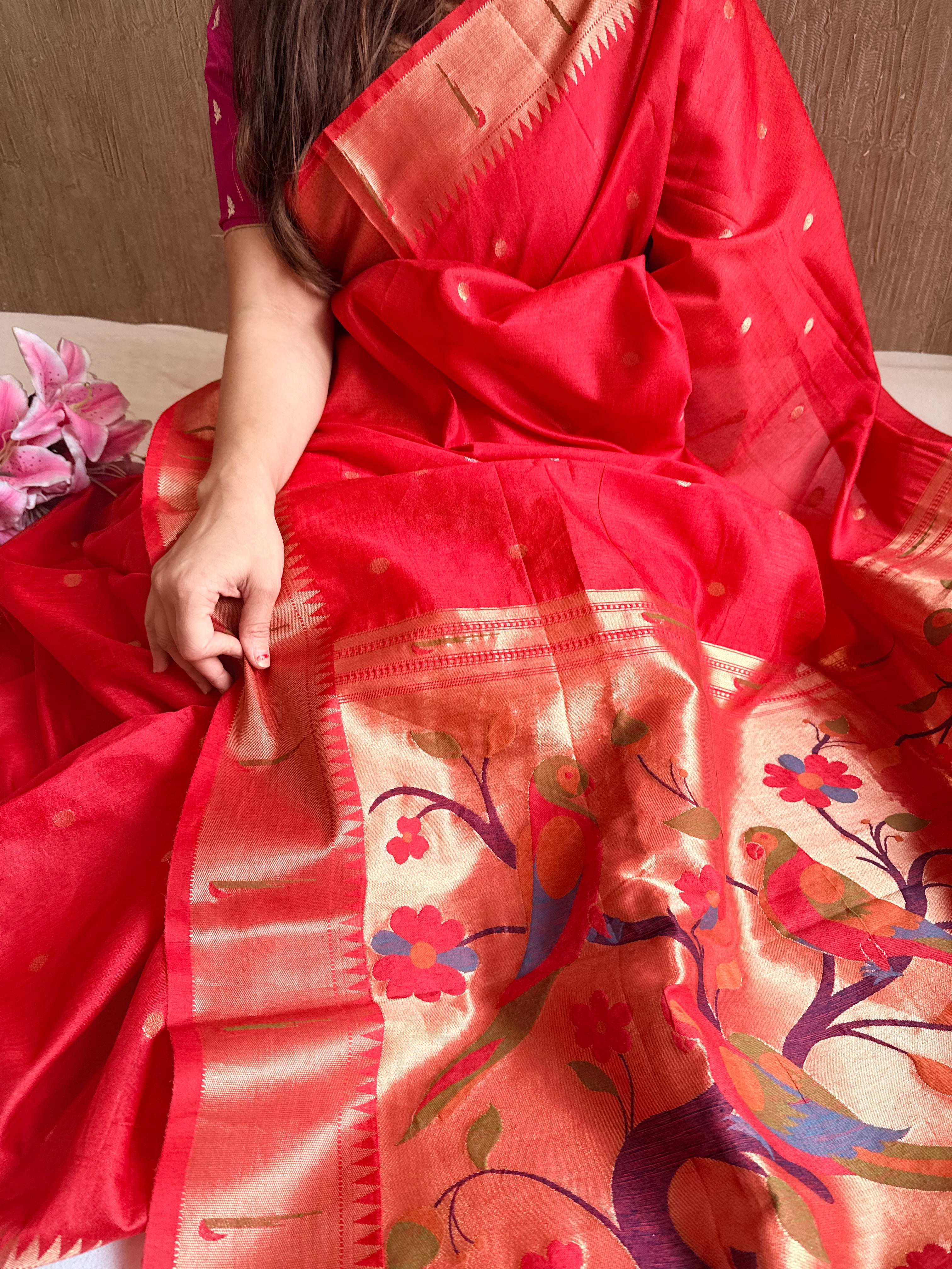 Blood red mul cotton paithani weaving kadhwa banarasi saree