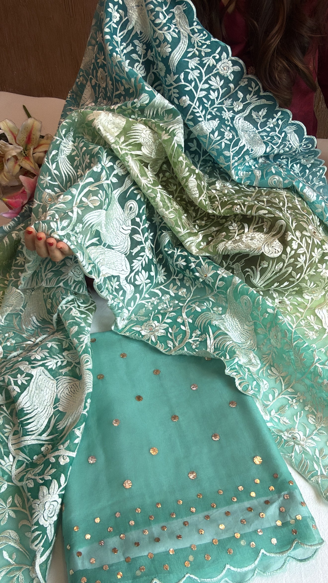 Shades of blue green - Parsi gara kora silk resham and mukaish work hand embroidered suits