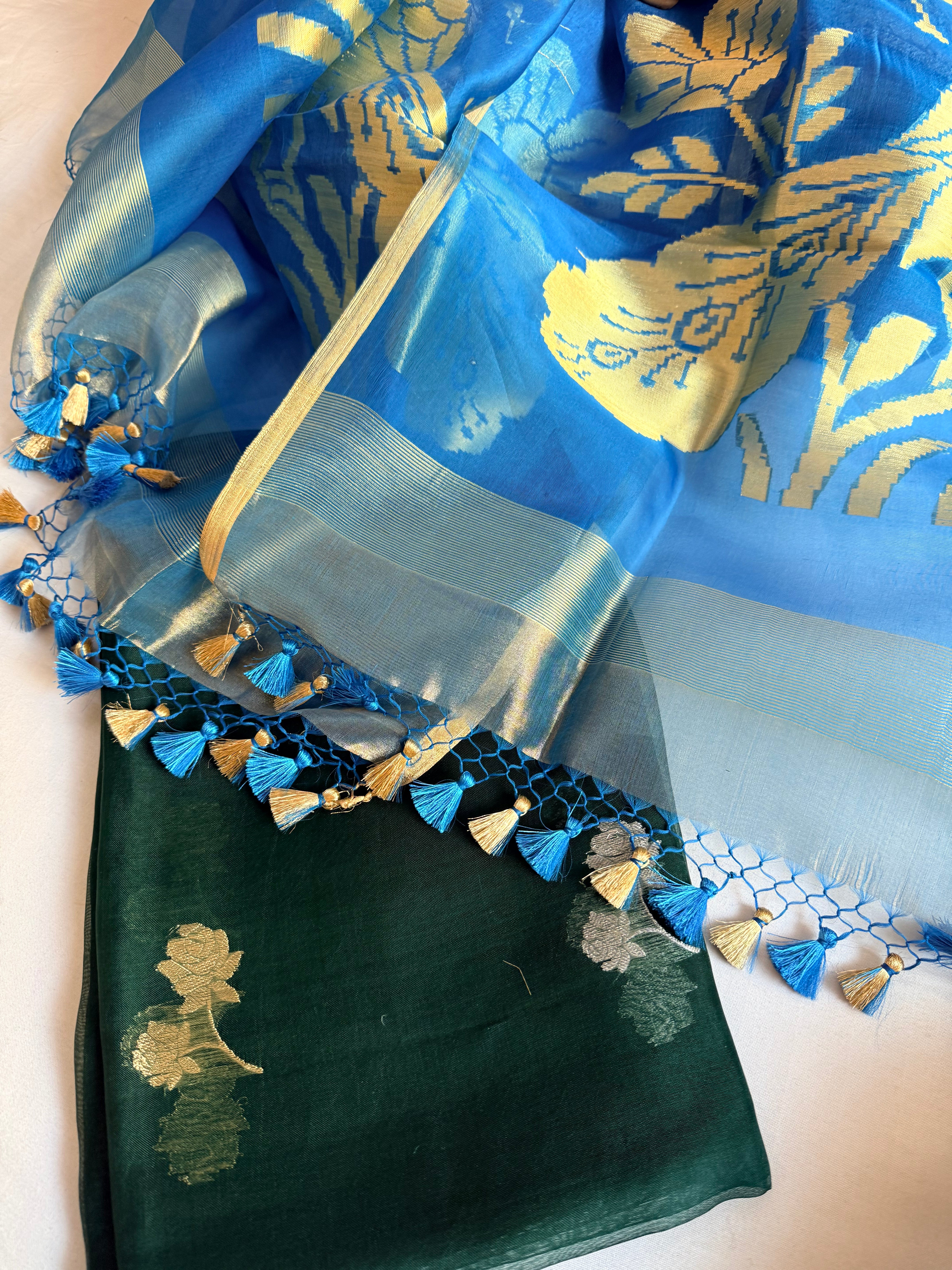 Peacock motif kora silk kadhwa blue-bottle green combination suit set