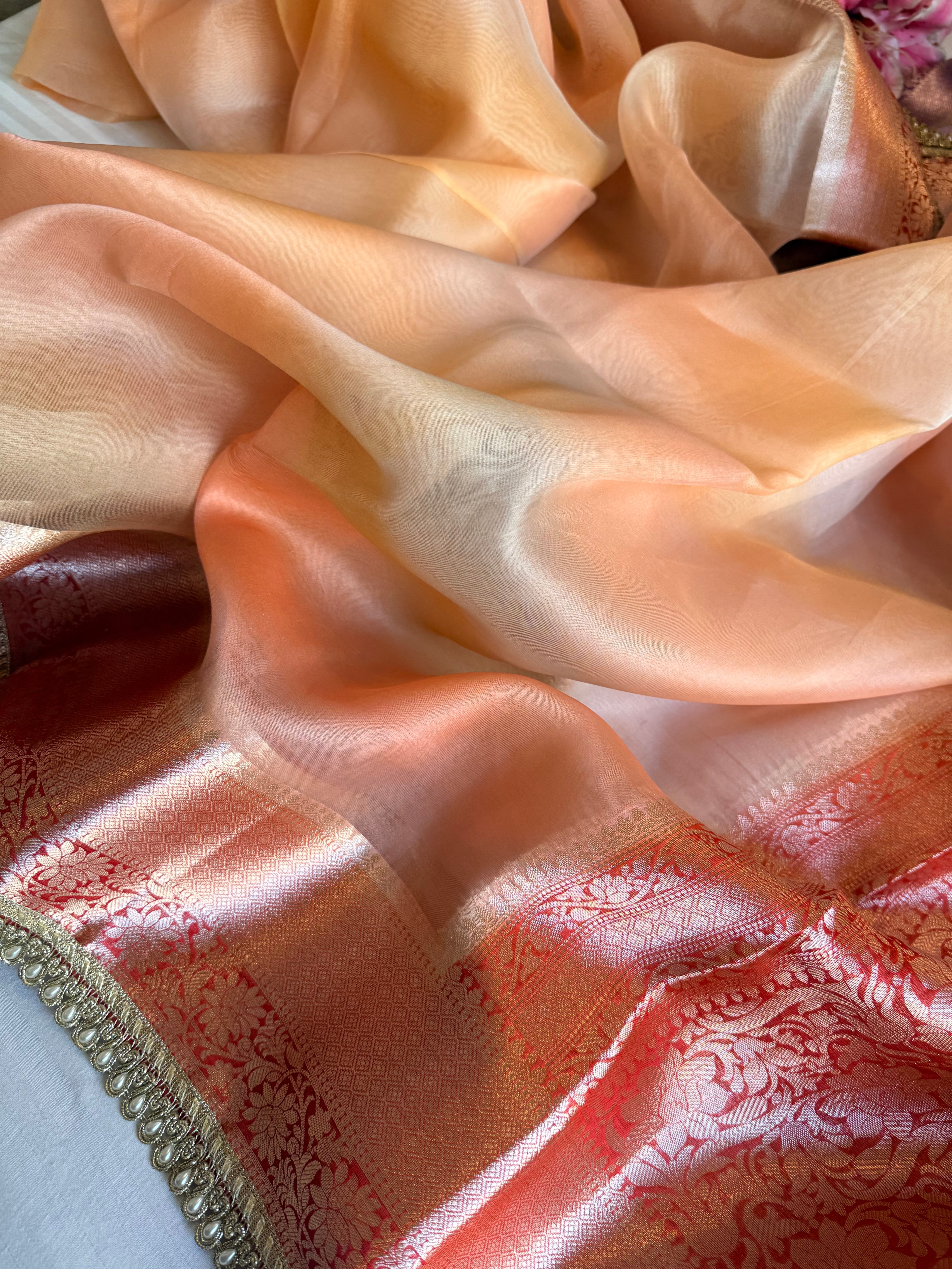 Banarasi kora silk rainbow dyed kadhwa saree with gotapatti work