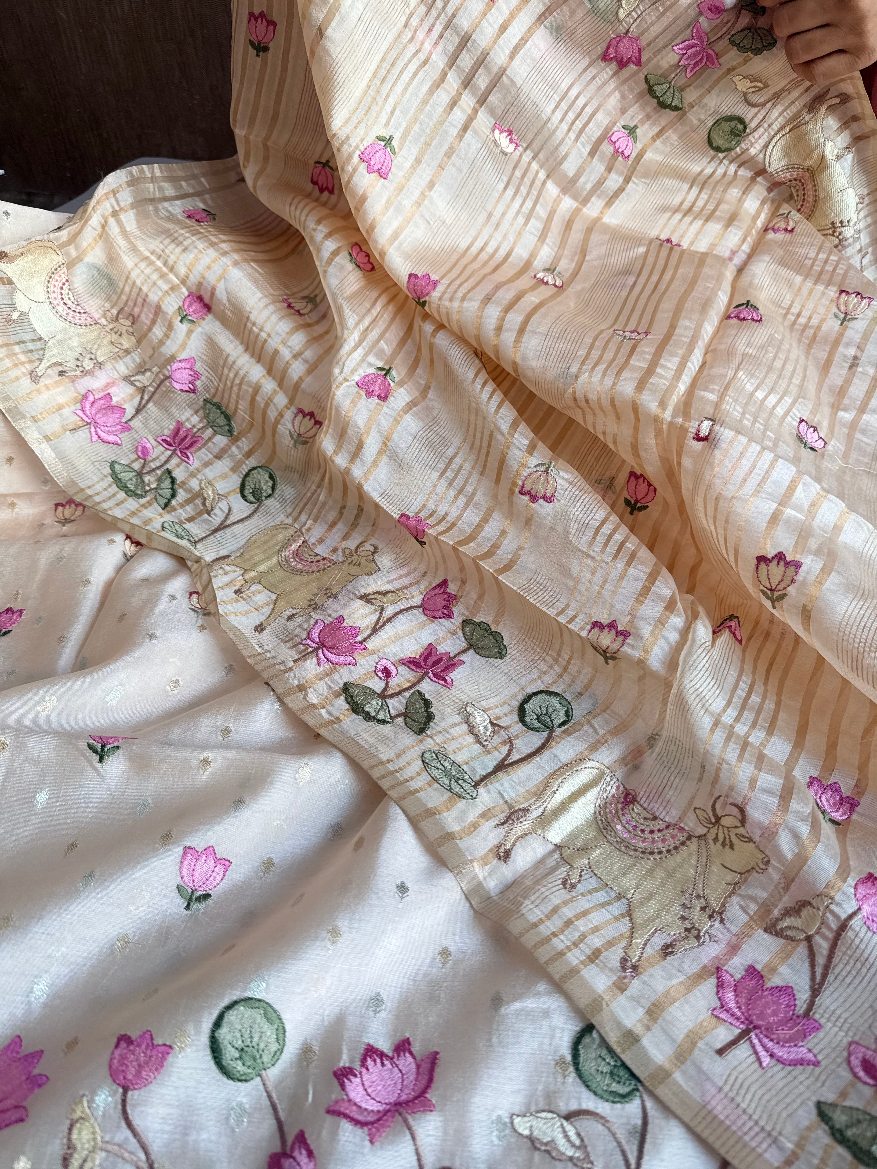 Suits under 10k - Spun chiniya silk parsi gara hand embroidered suit set
