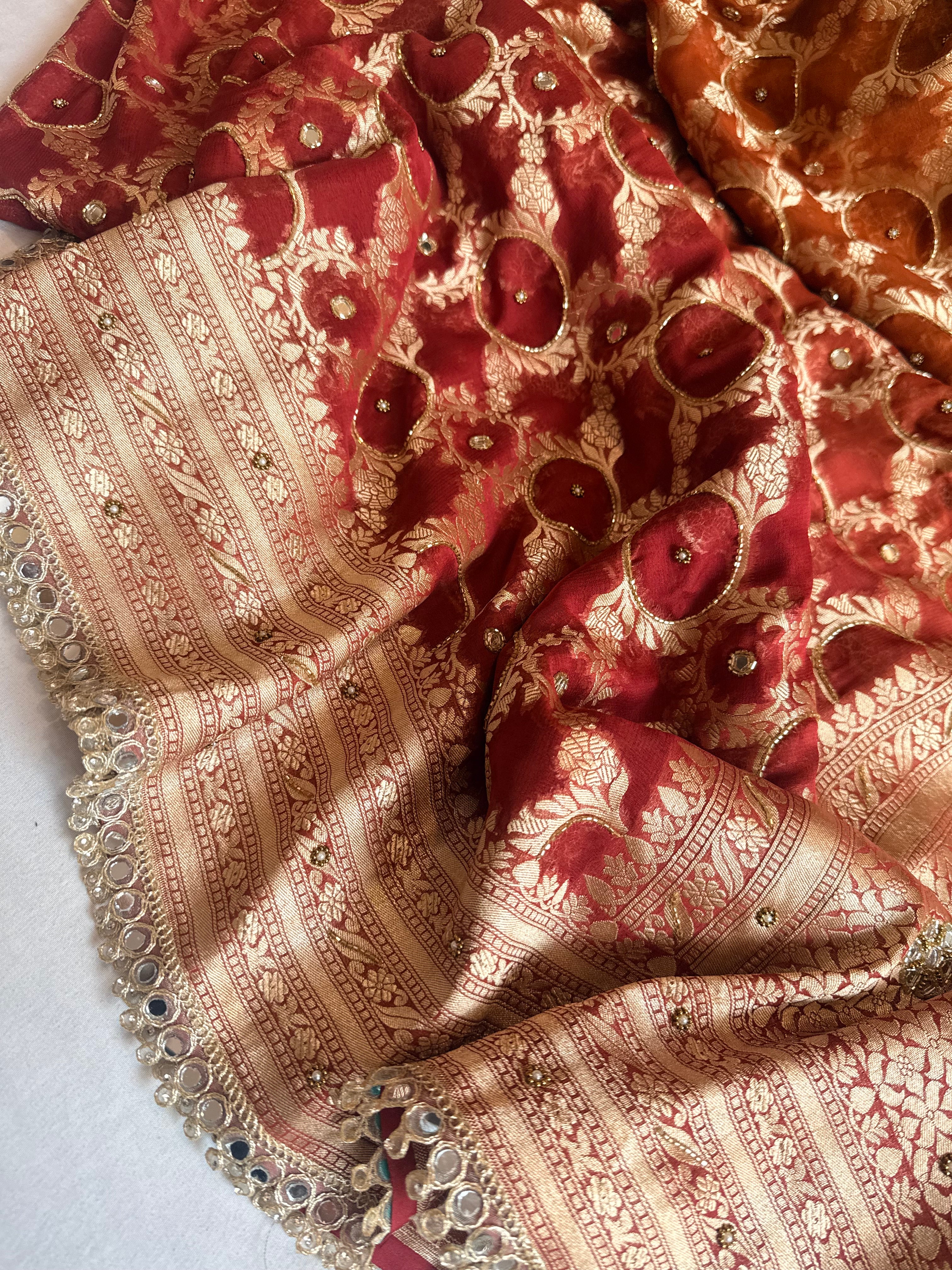 Chiffon gorgette rust red ombre shaded hand embroidered kadhwa saree