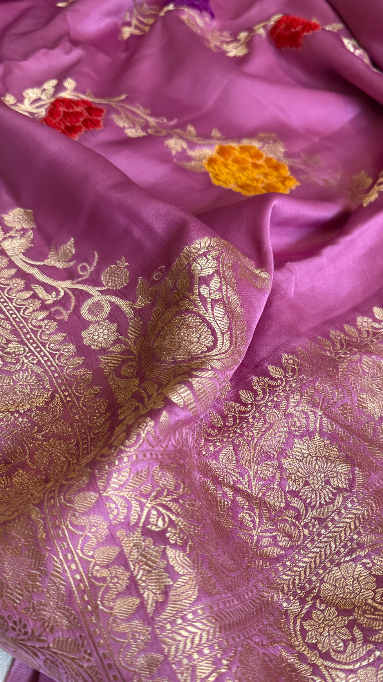 Banarasi lotus lavender pink mashru silk heavy weaving saree with velvet hand embroidered weaving