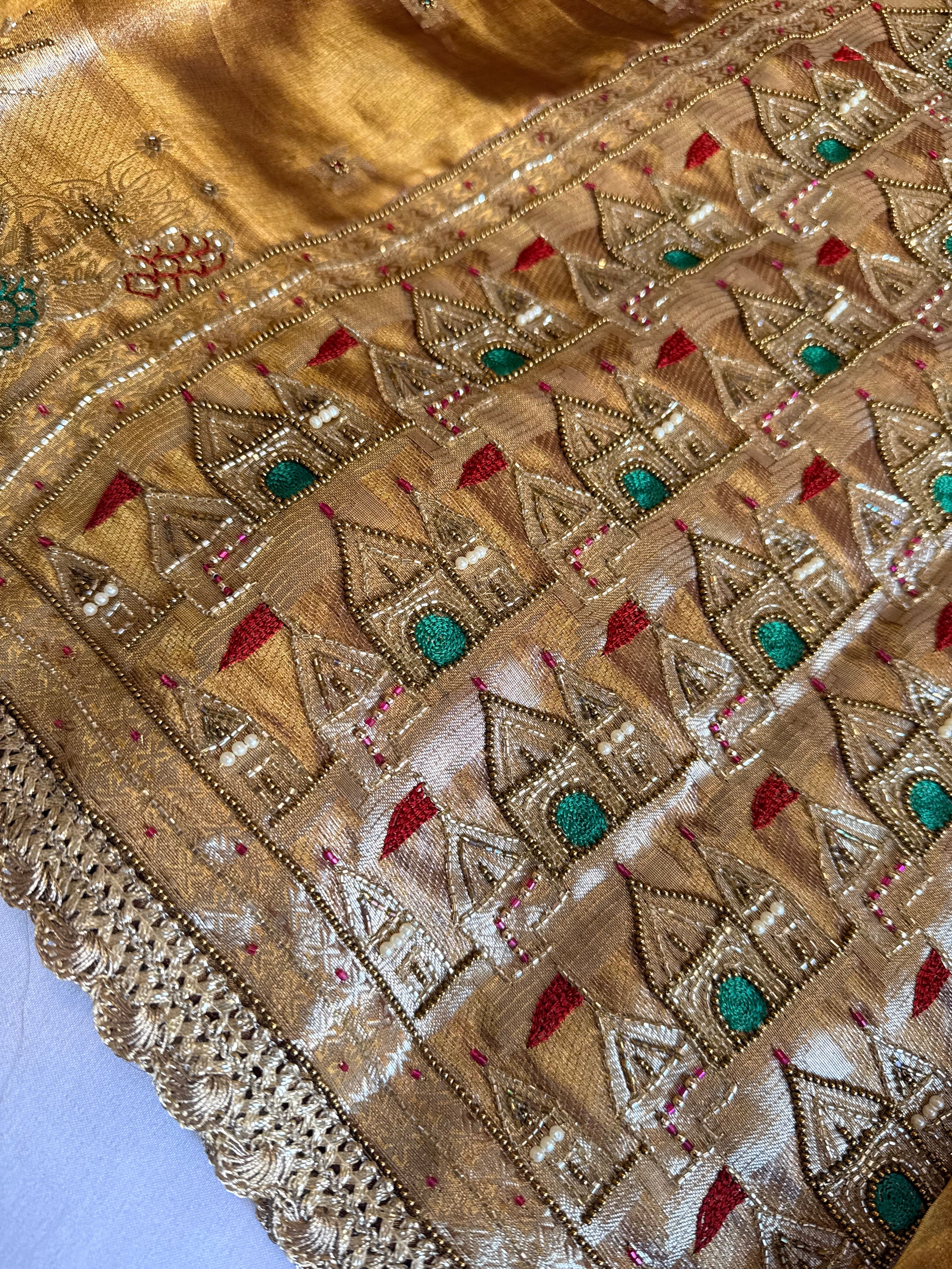 Ganga-darshan edit - Tissue silk kanjivaram bronze gold hand embroidered kadhwa saree