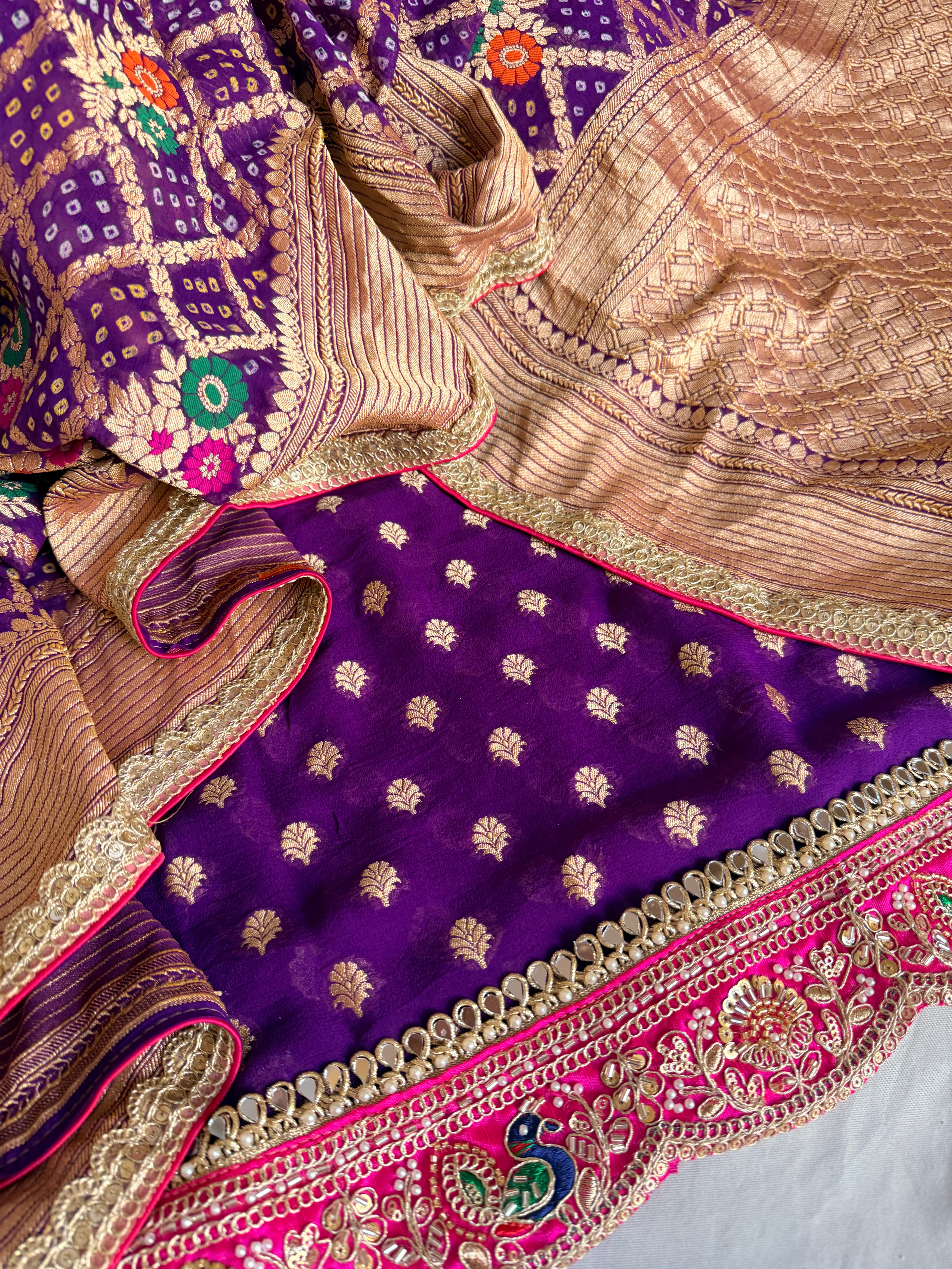 Rai bandhej bridal purple banarasi chiffon gorgette gotapatti suits