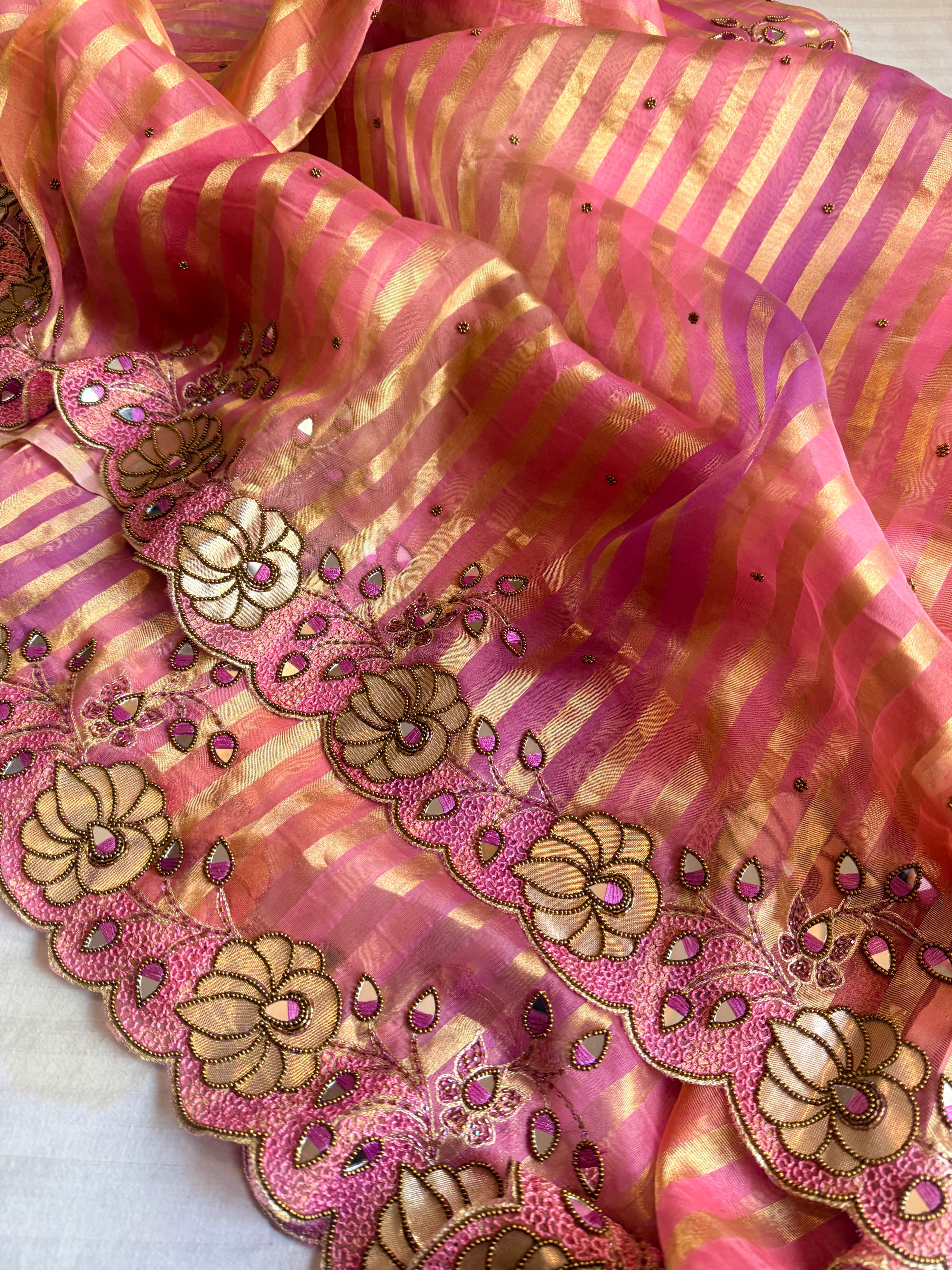 Phool wali rangeen tissue silk striped rangkaat hand embroidered saree