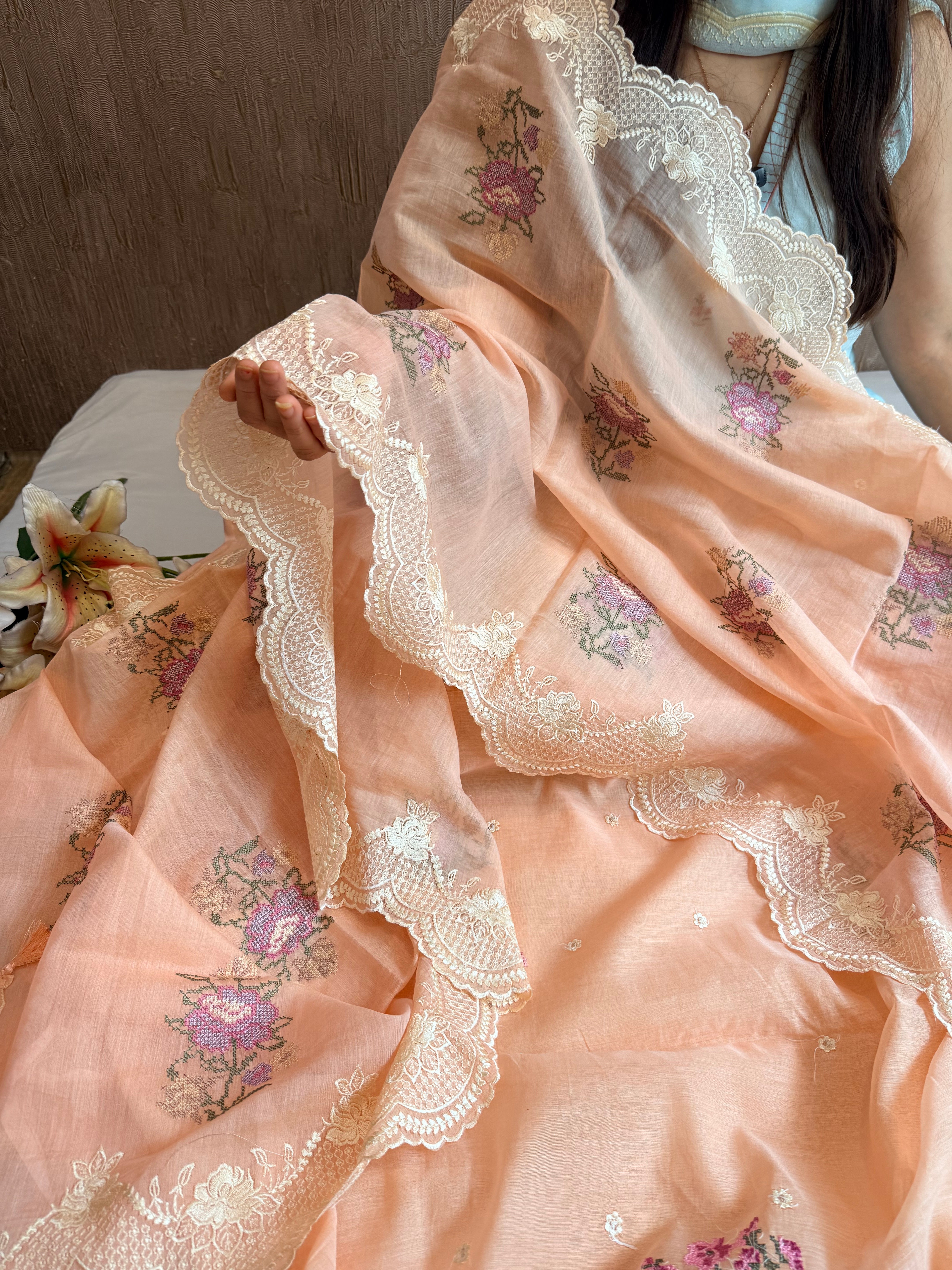 Blush peach cross-stitch hand embroidered resham work suit set
