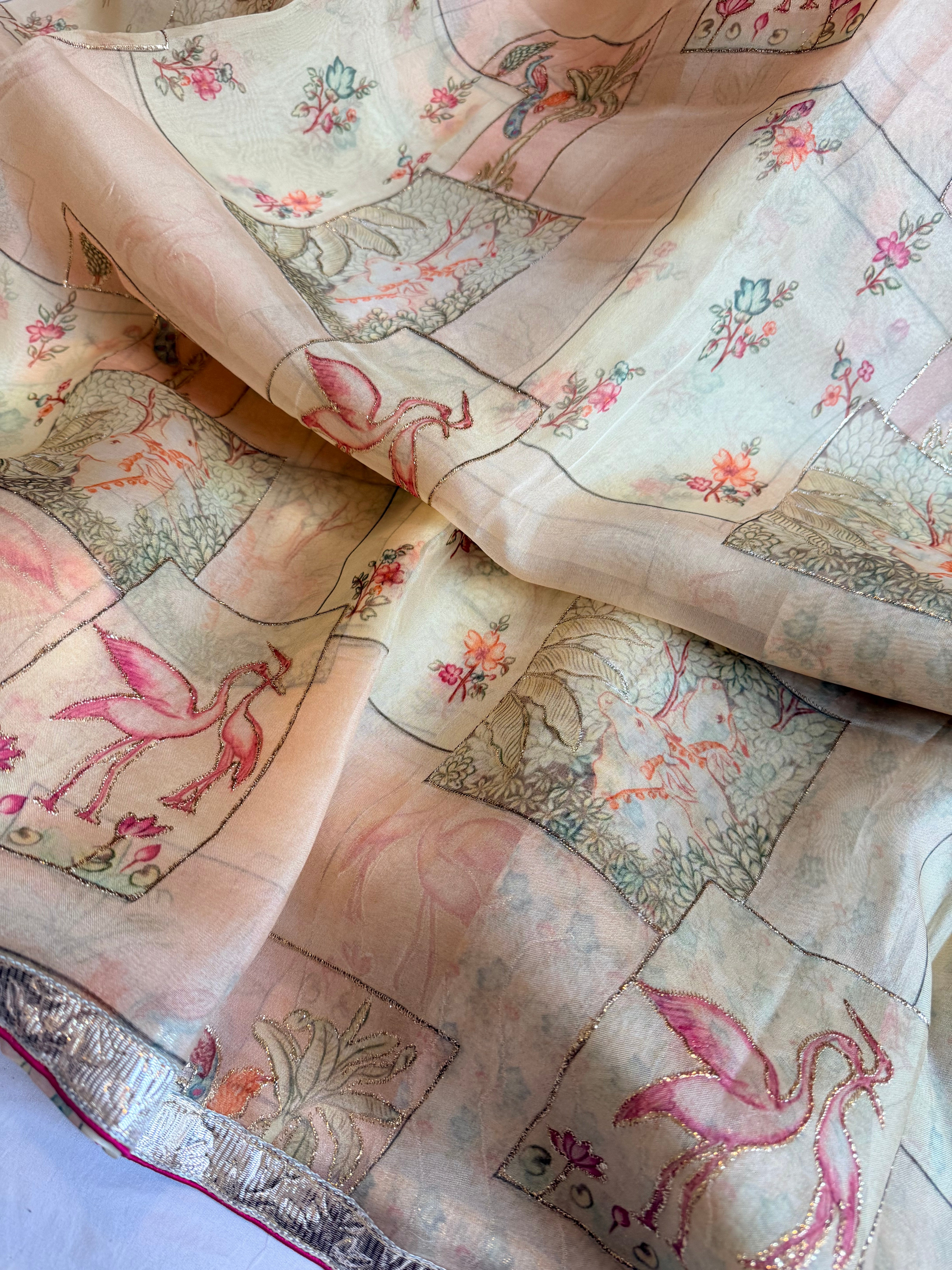 Kora silk printed lampi gotapatti hand embroidered saree