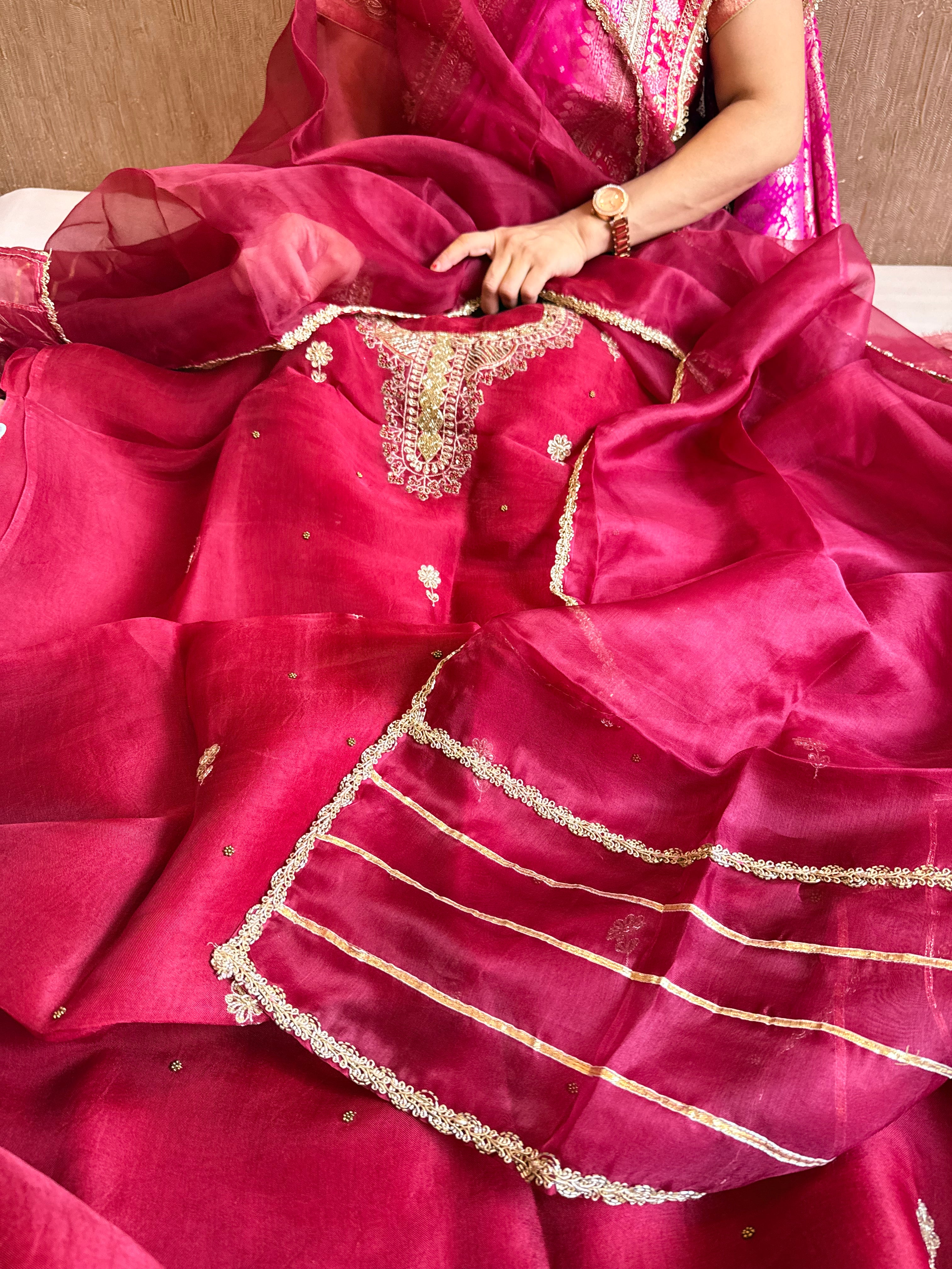 Cranberry red kora silk hand embroidered kadhwa suit set
