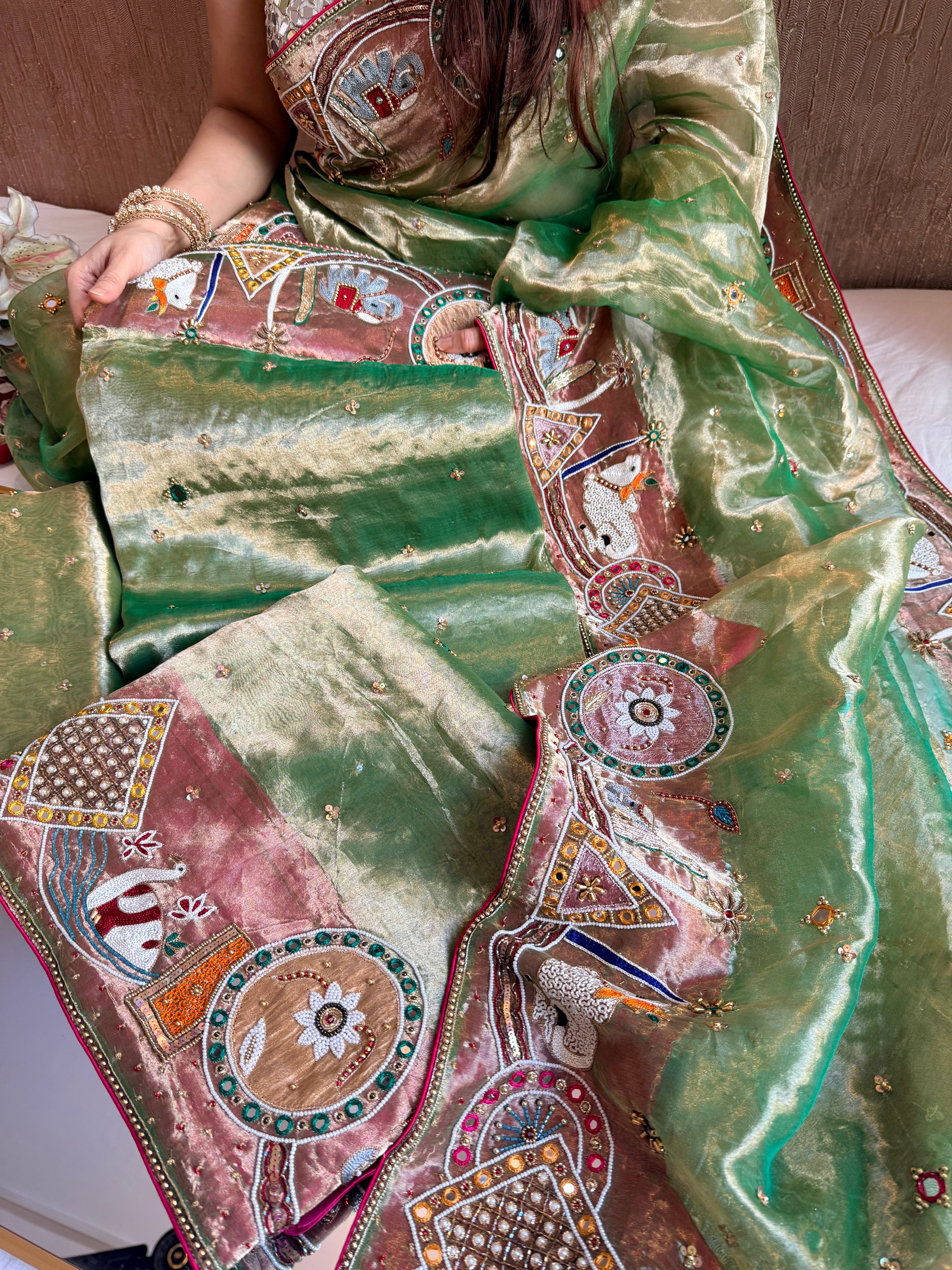 Godbharai wali saree - Emerald green diamond tissue silk hand embroidered saree