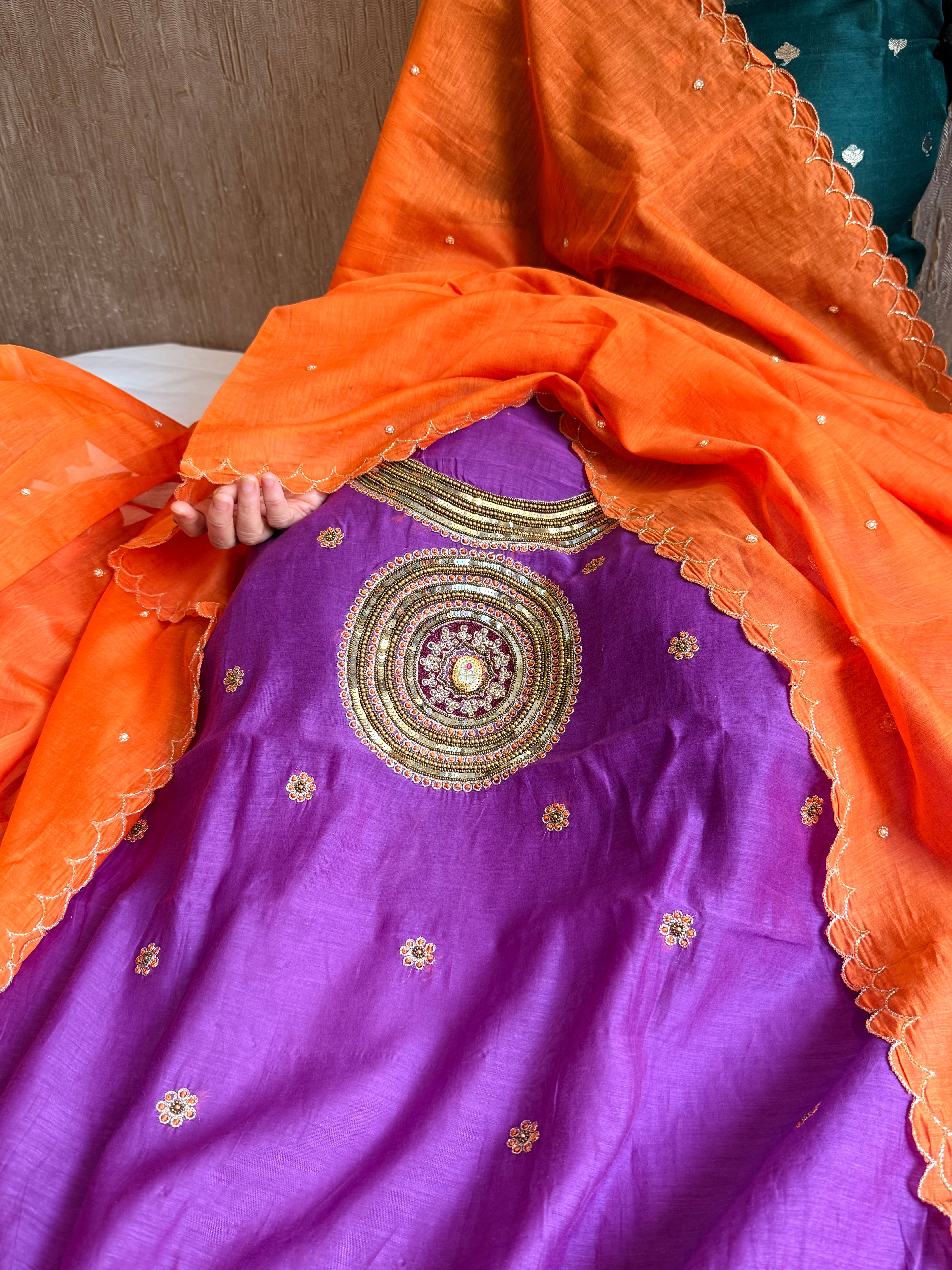 Mul cotton mandala inspired hand embroidered kadhwa suit set