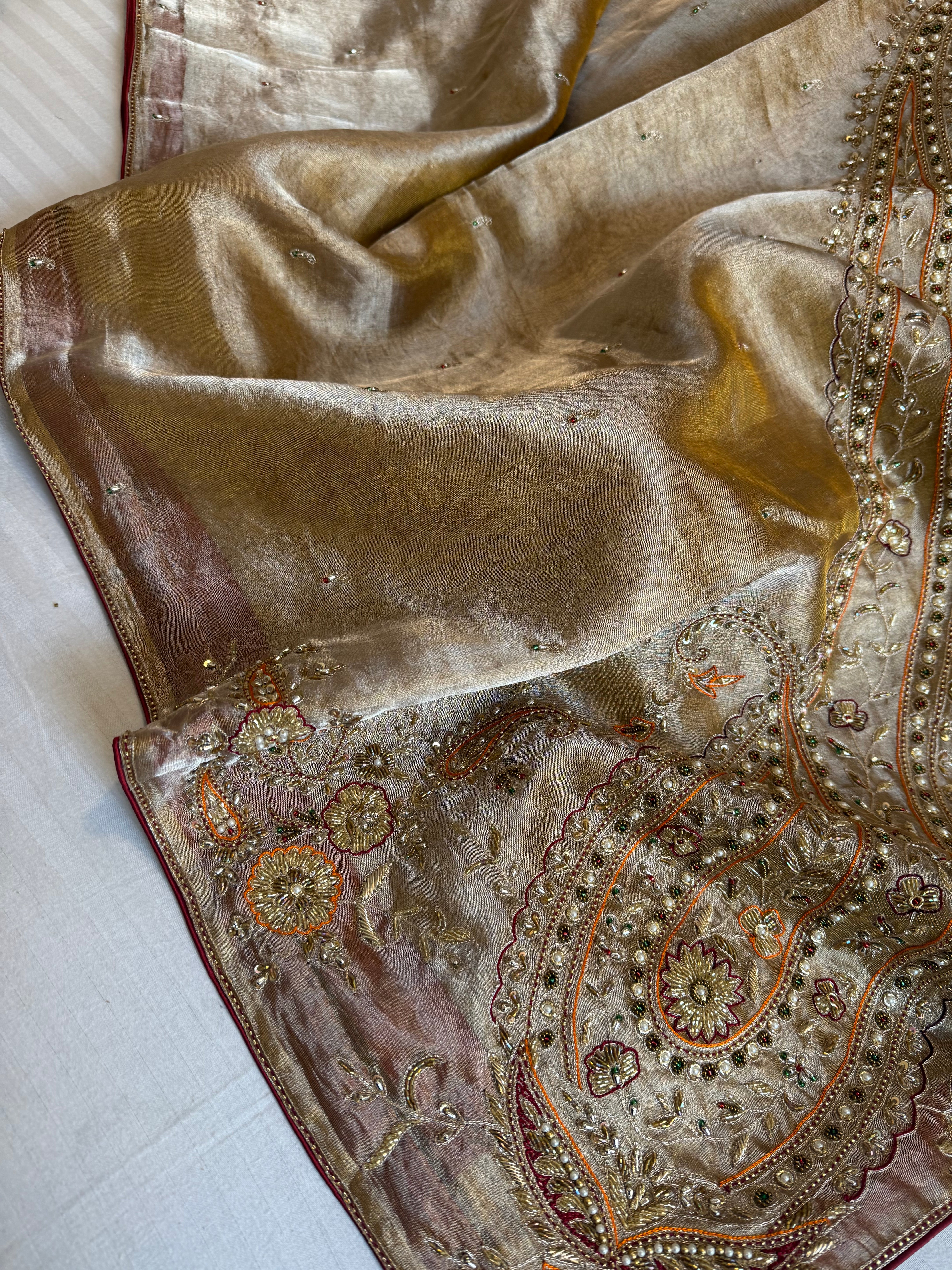 Pakeezah edit 2.0 - Molten gold zardozi hand embroidered tissue silk kadhwa saree