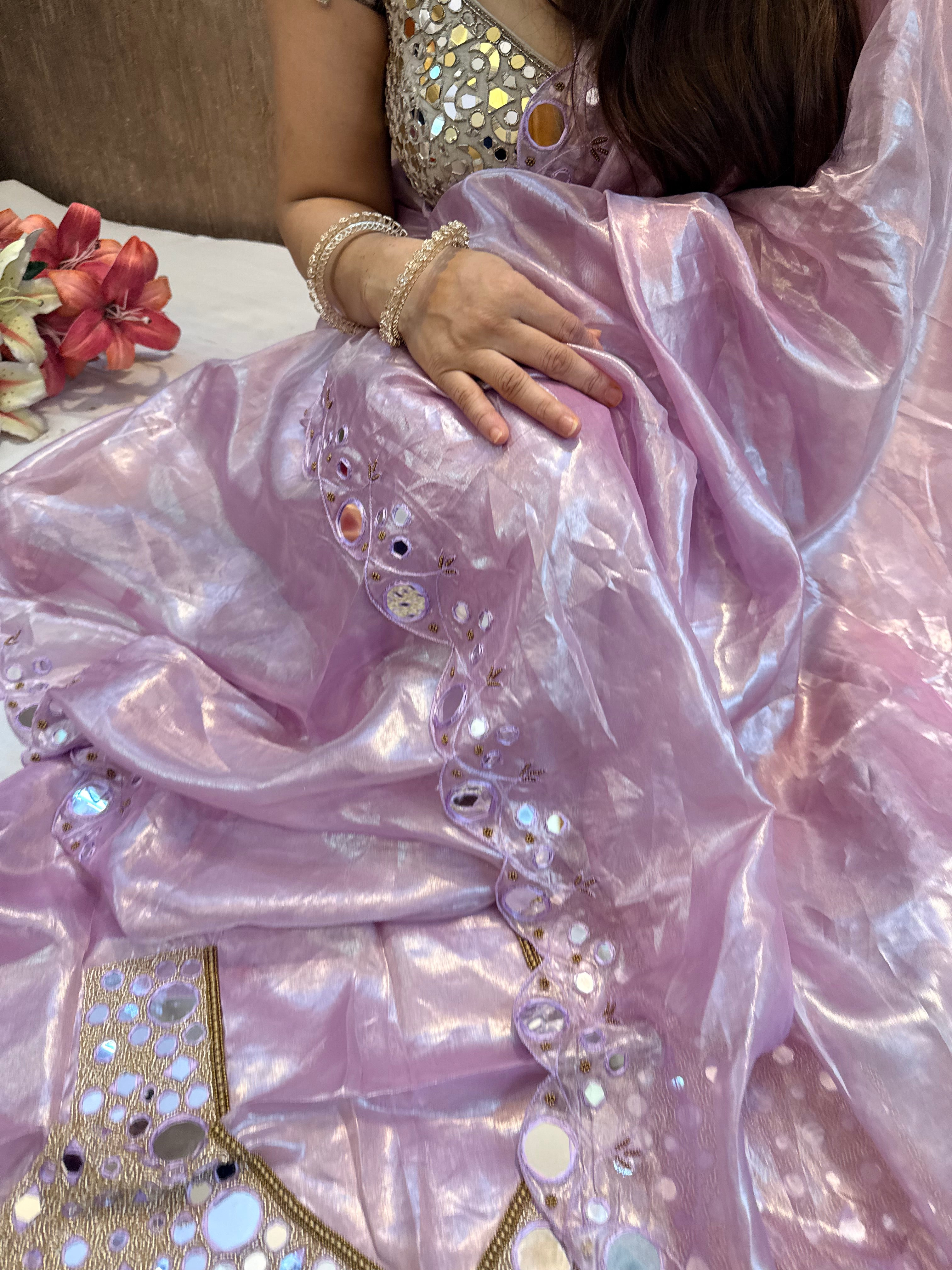 Sheeshe wali blush pink tissue silk mirrorwork hand embroidered banarasi saree