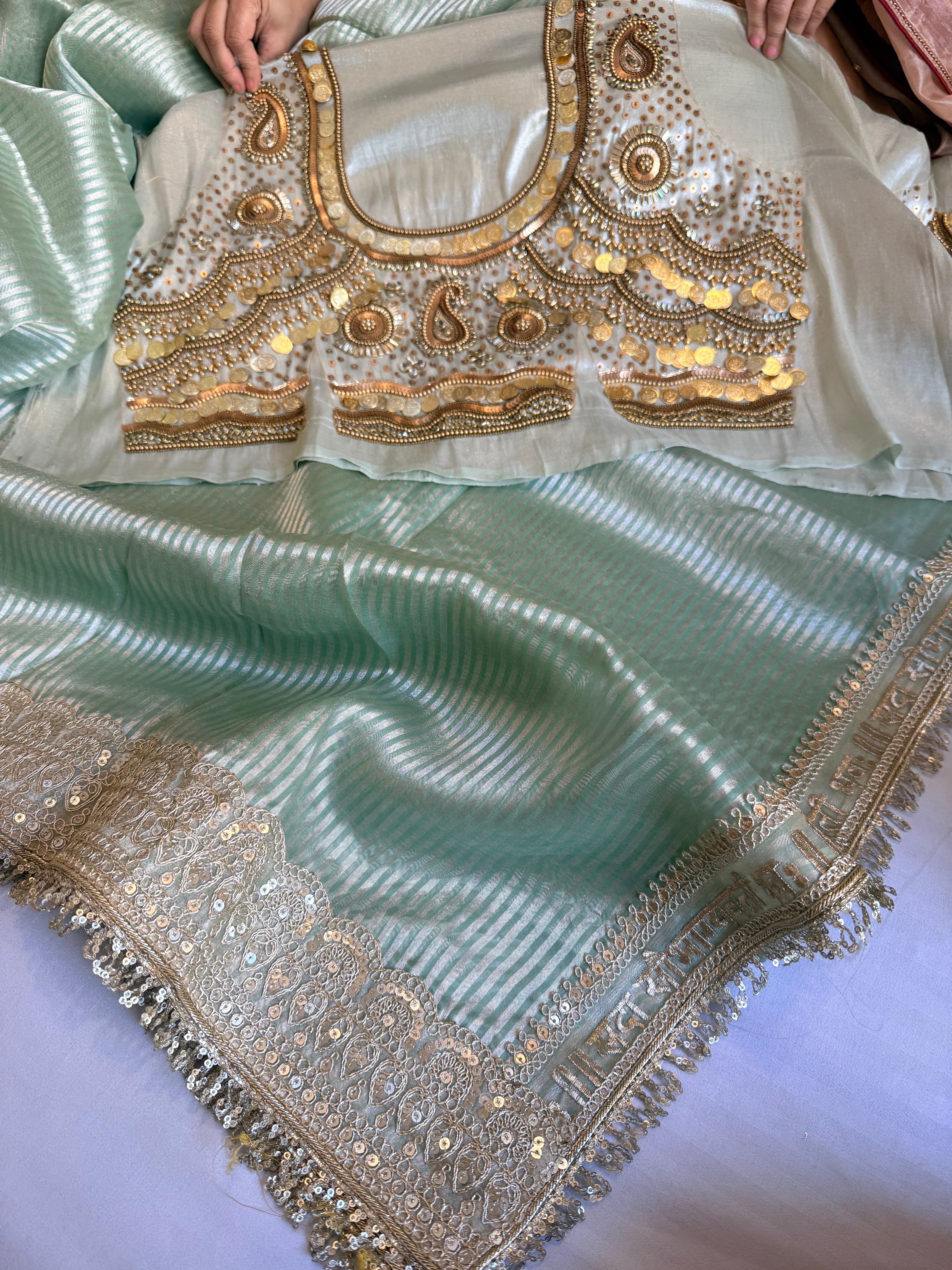 Kundan blouse edit - Sea green tissue silk hand embroidered striped saree with jewellery blouse