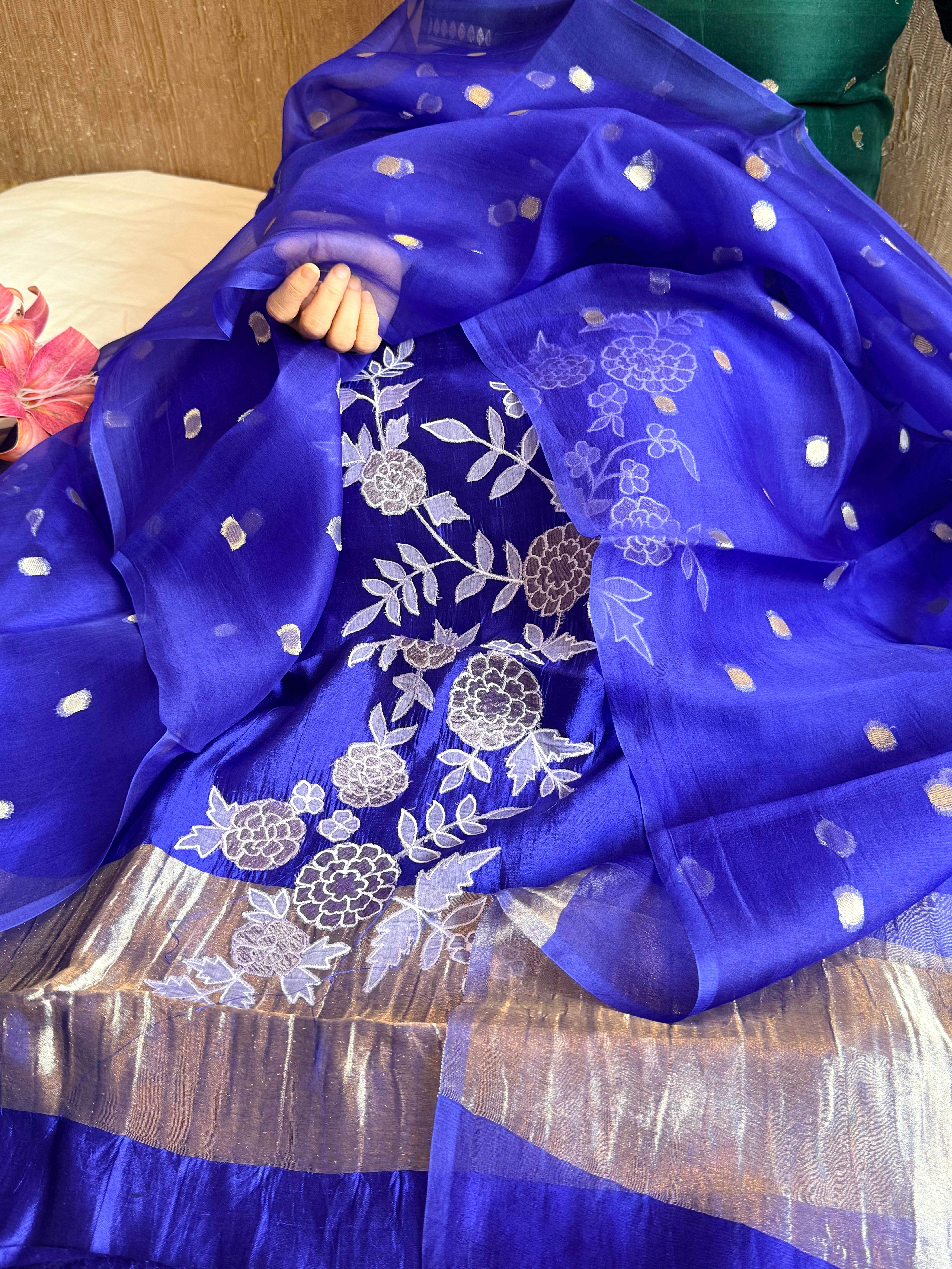 Mango tissue silk appliqué work suit set with kora tissue duppata