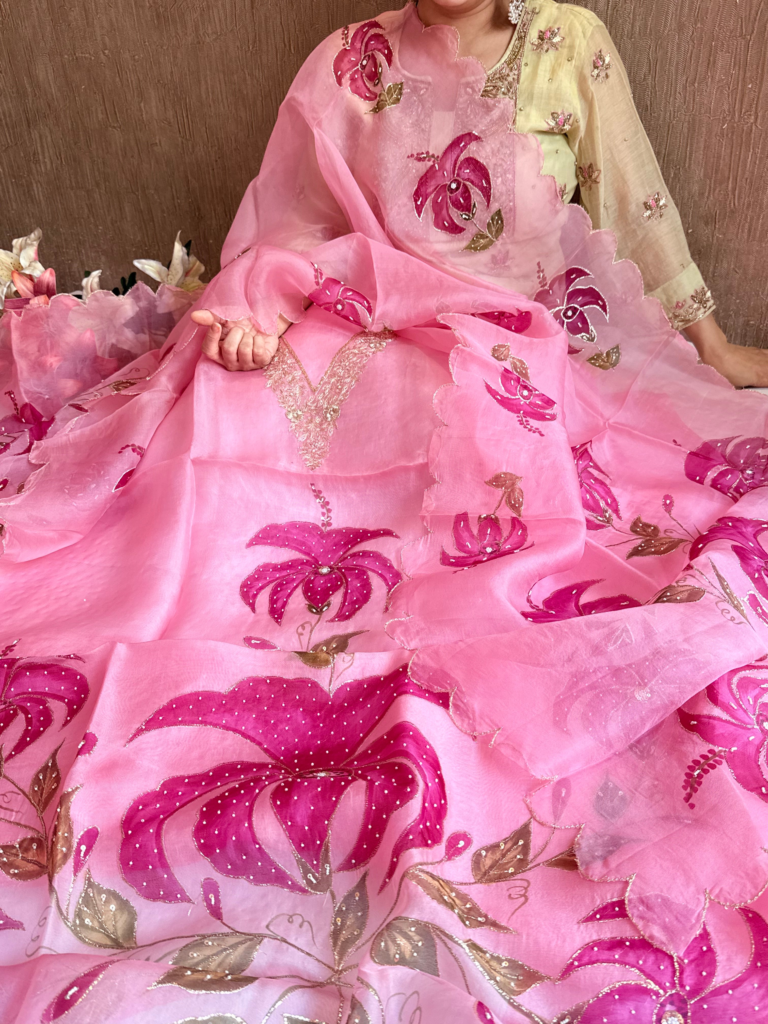 Banarasi Kora silk hand embroidered floral printed suit set