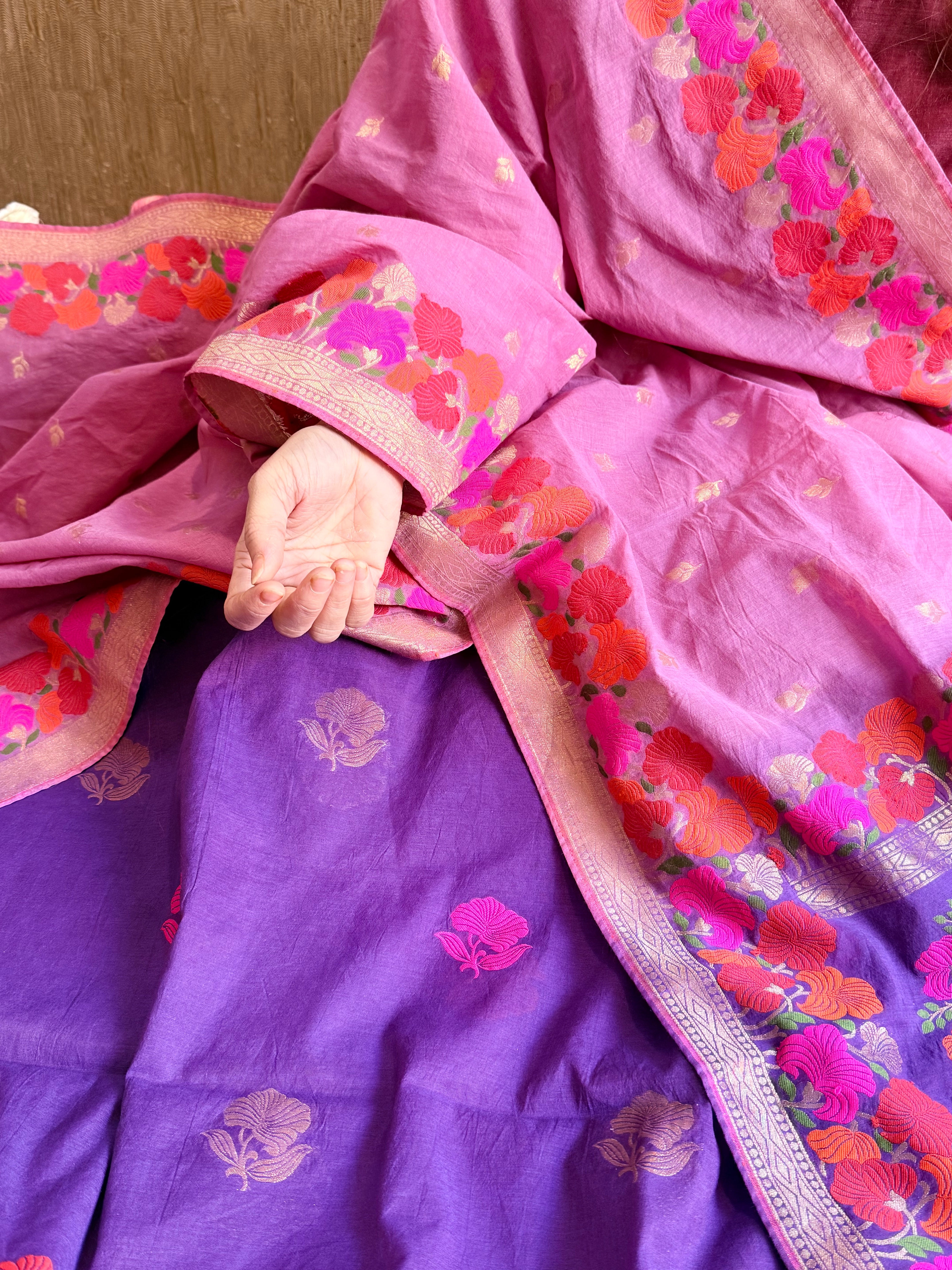 Mul cotton banarasi kadhwa buti purple - lavender suit set