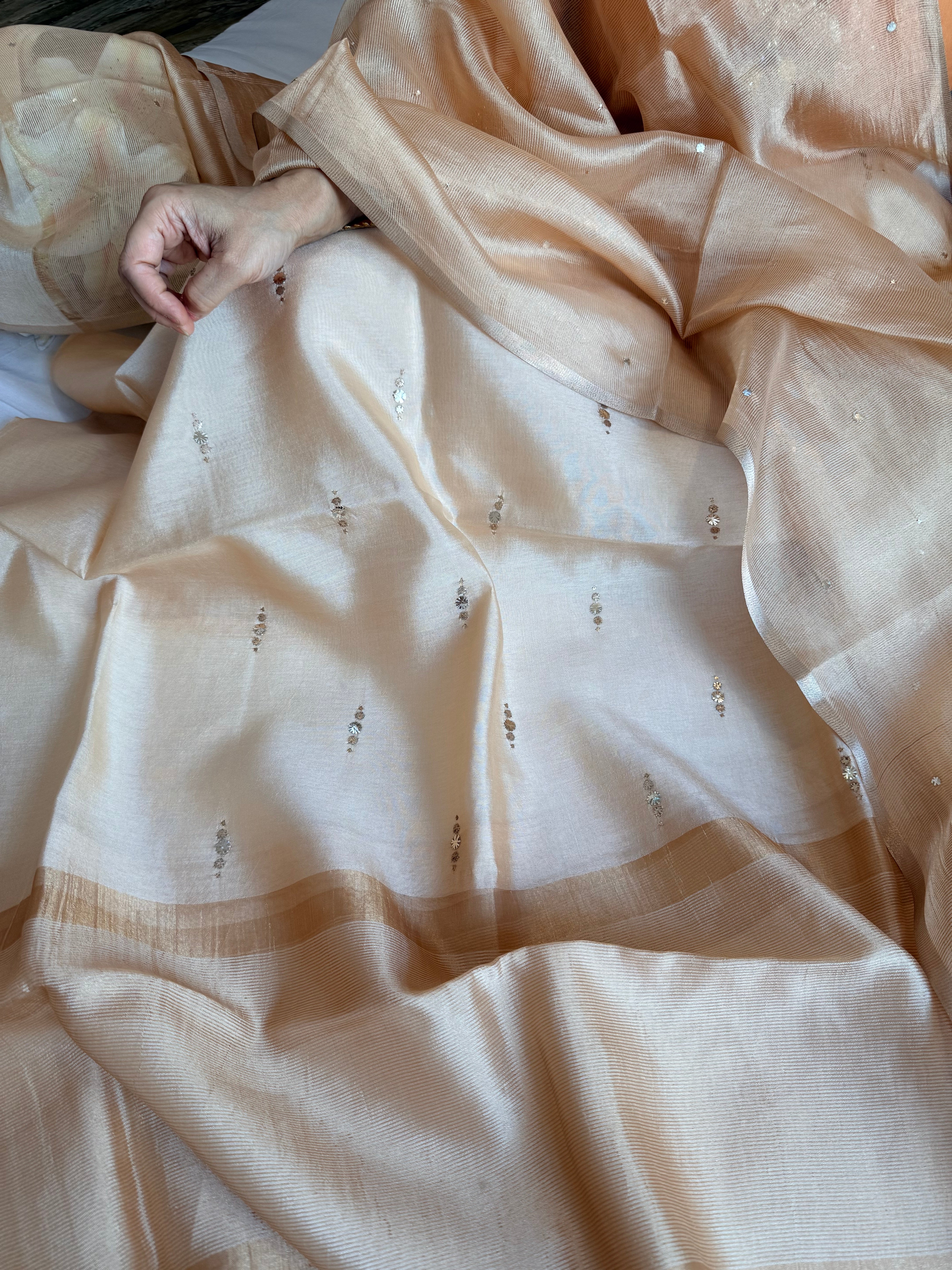 Summer suit edit - Spun chiniya silk mukaish work biscuit gold hand embroidered suit set