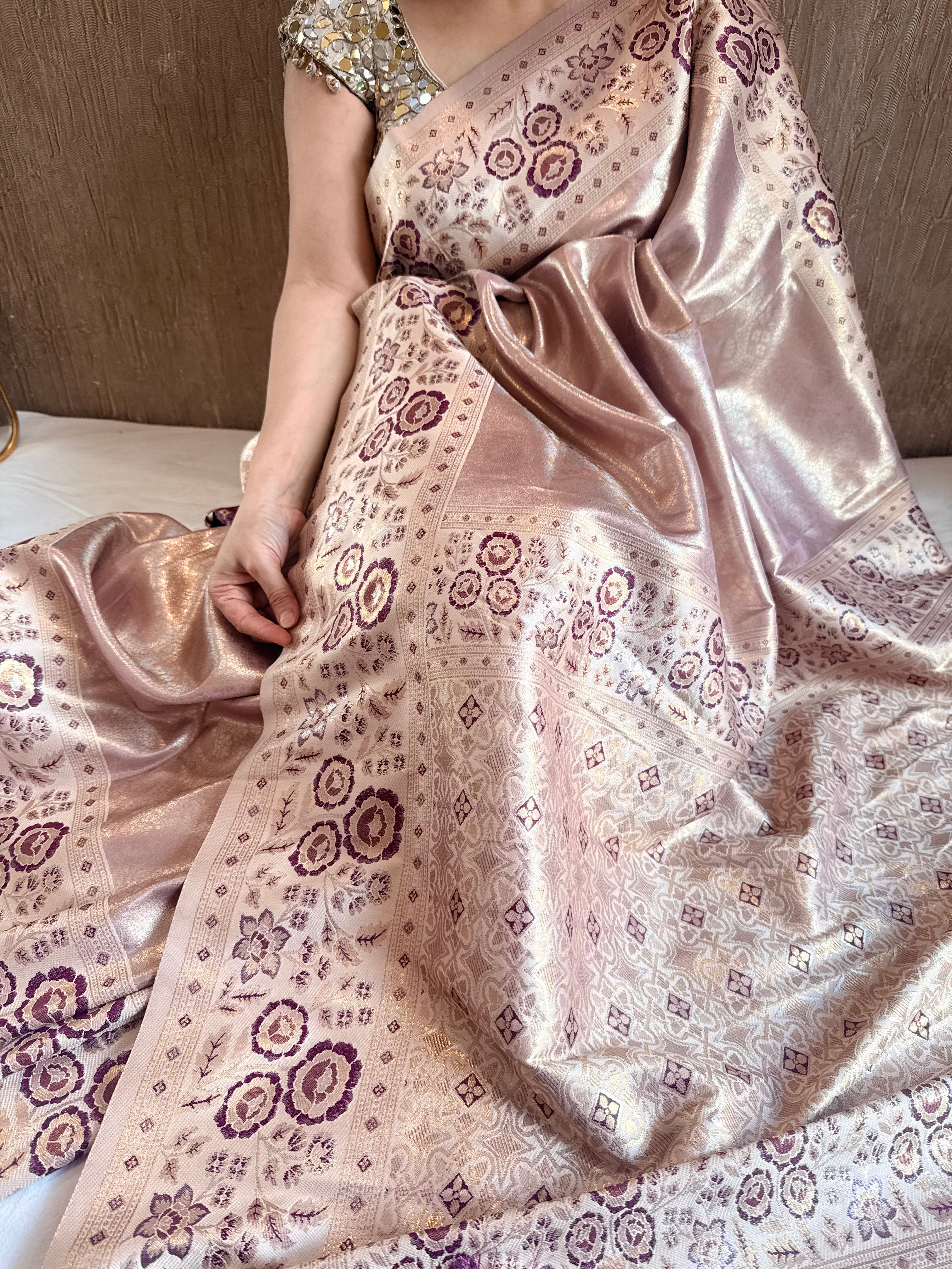 Kanjivaram inspired - Rose gold tissue brocade meenakari kadhwa weaving saree