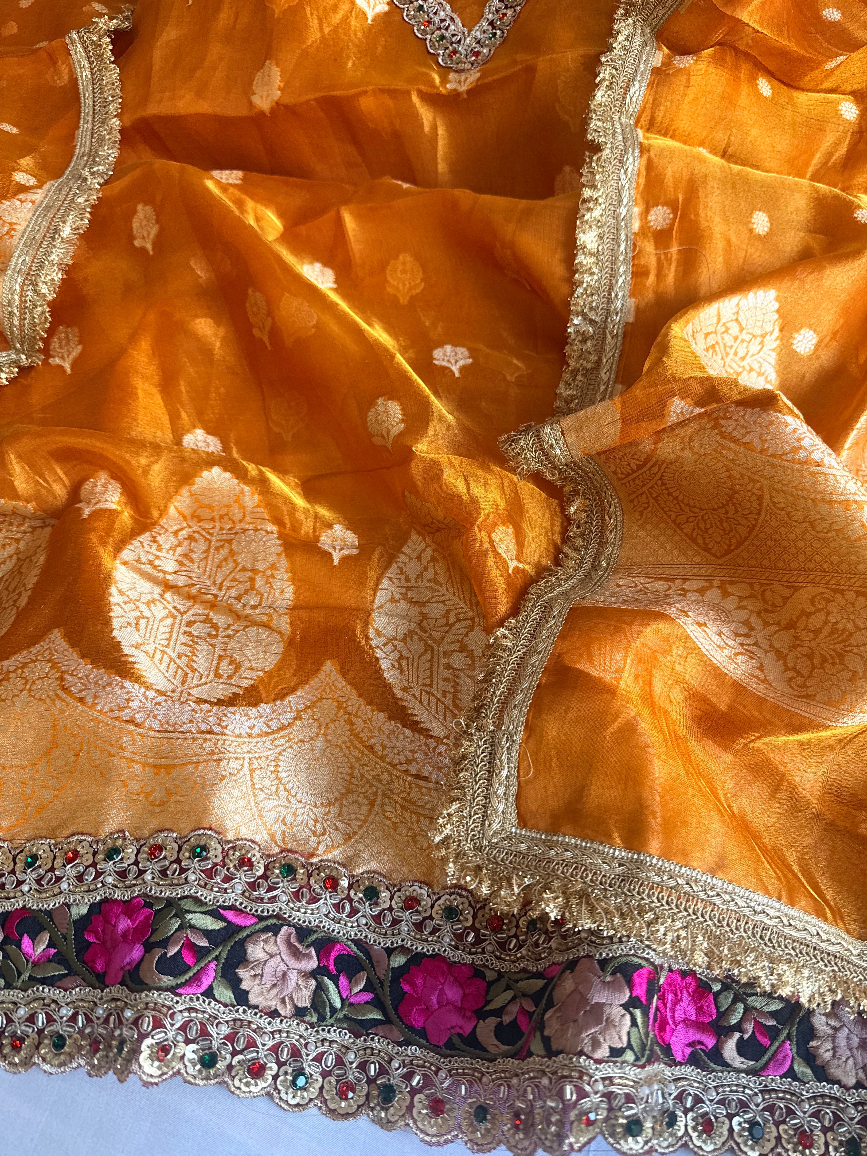 Navratna orange- yellow tissue silk kadhwa buti hand embroidered suit sets