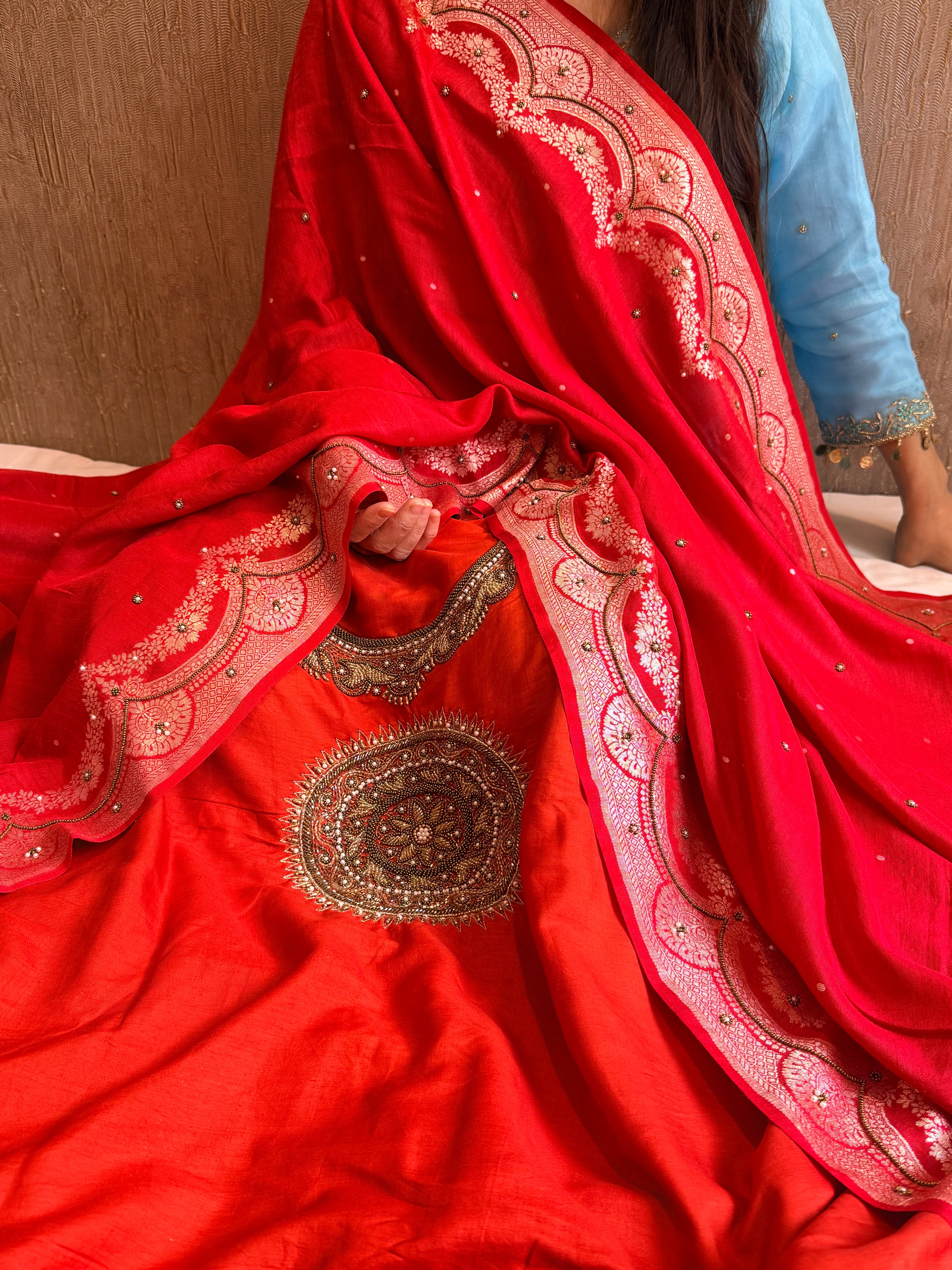 Burnt orange - red spun chiniya silk hand embroidered mandala work suit set