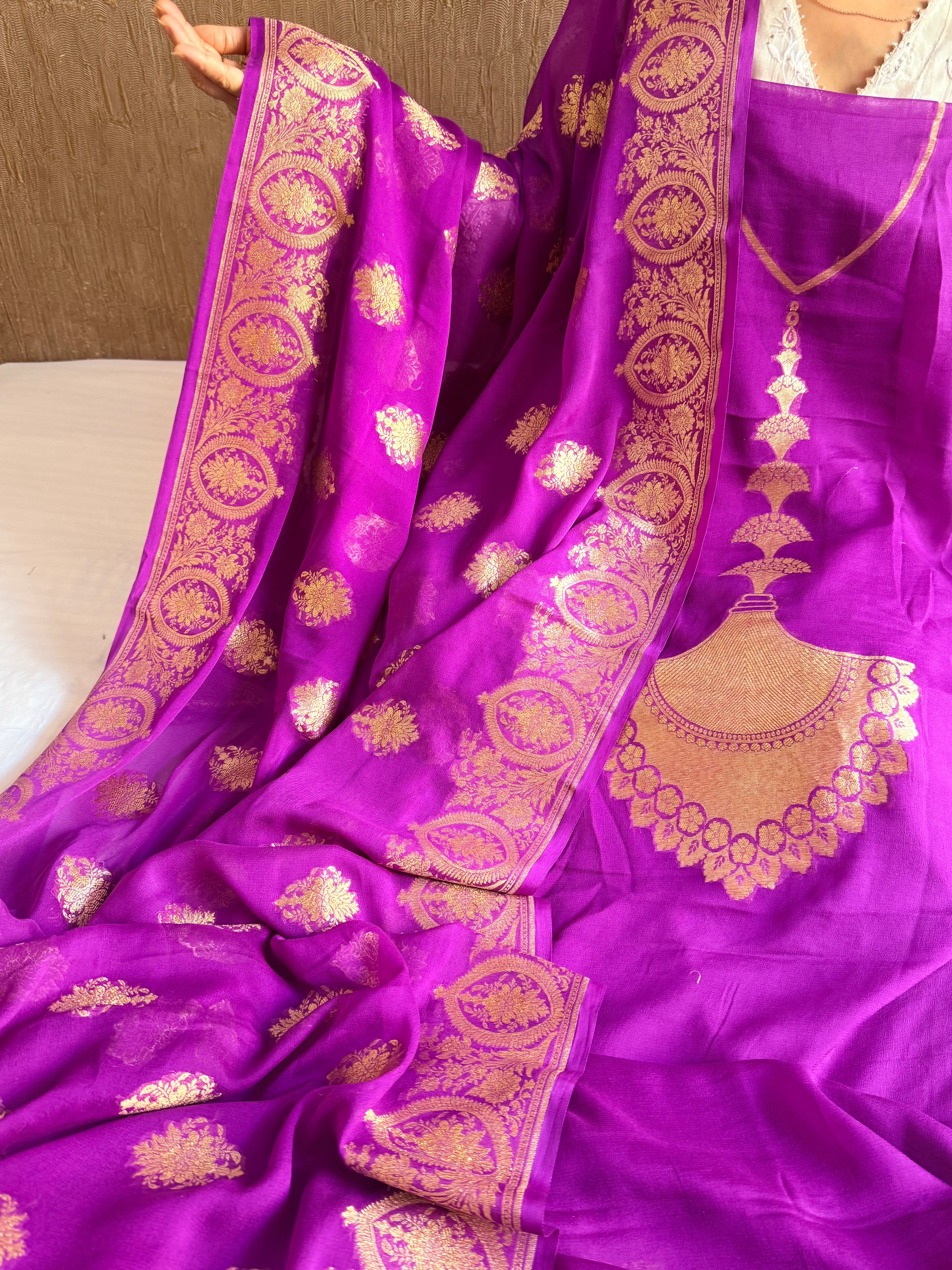 Neck & Pocket weaving - Chiffon gorgette bright purple kadhwa weaving suit set