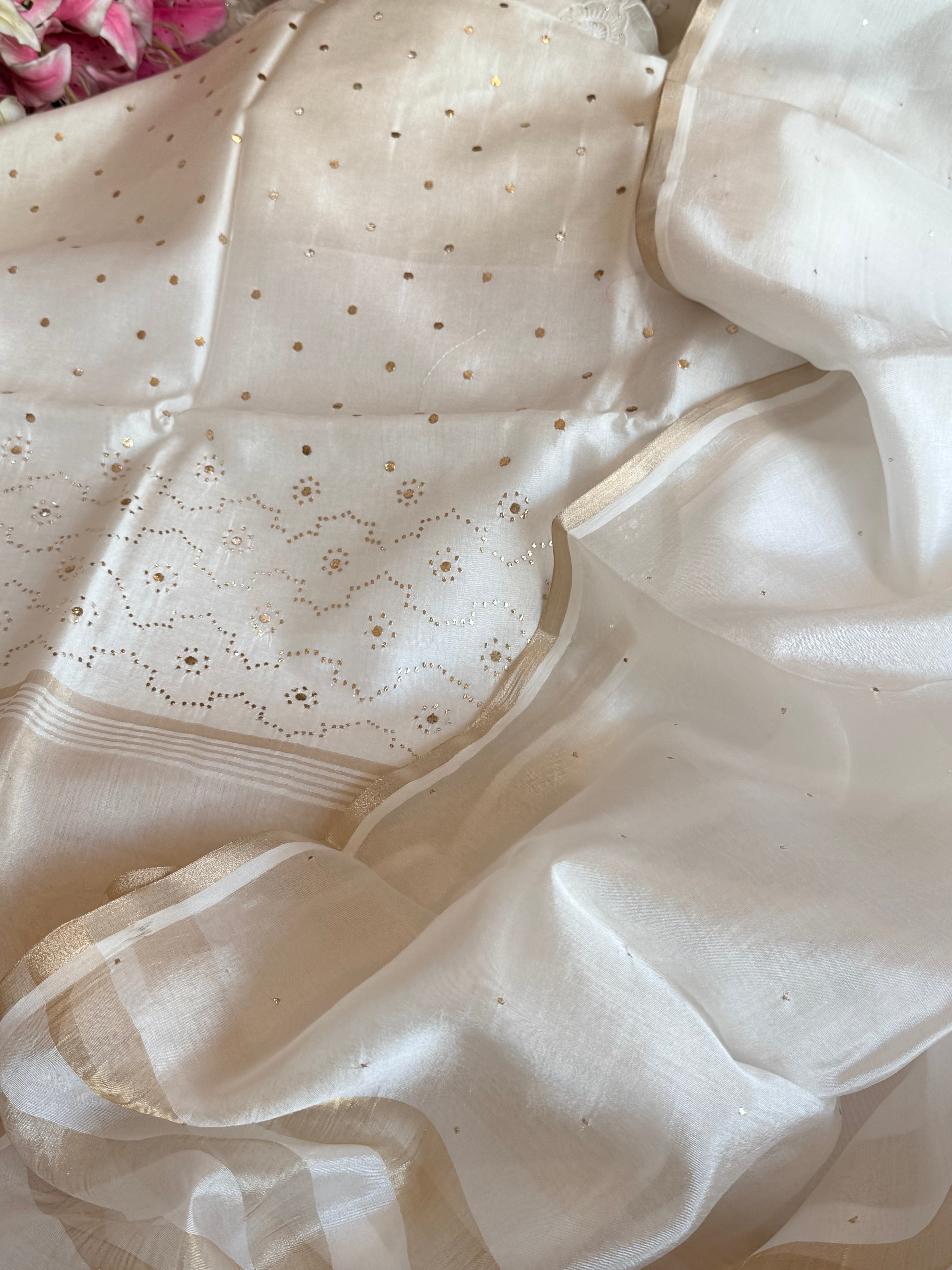 Pearl white spun chiniya silk mukaish hand embroidered suit sets