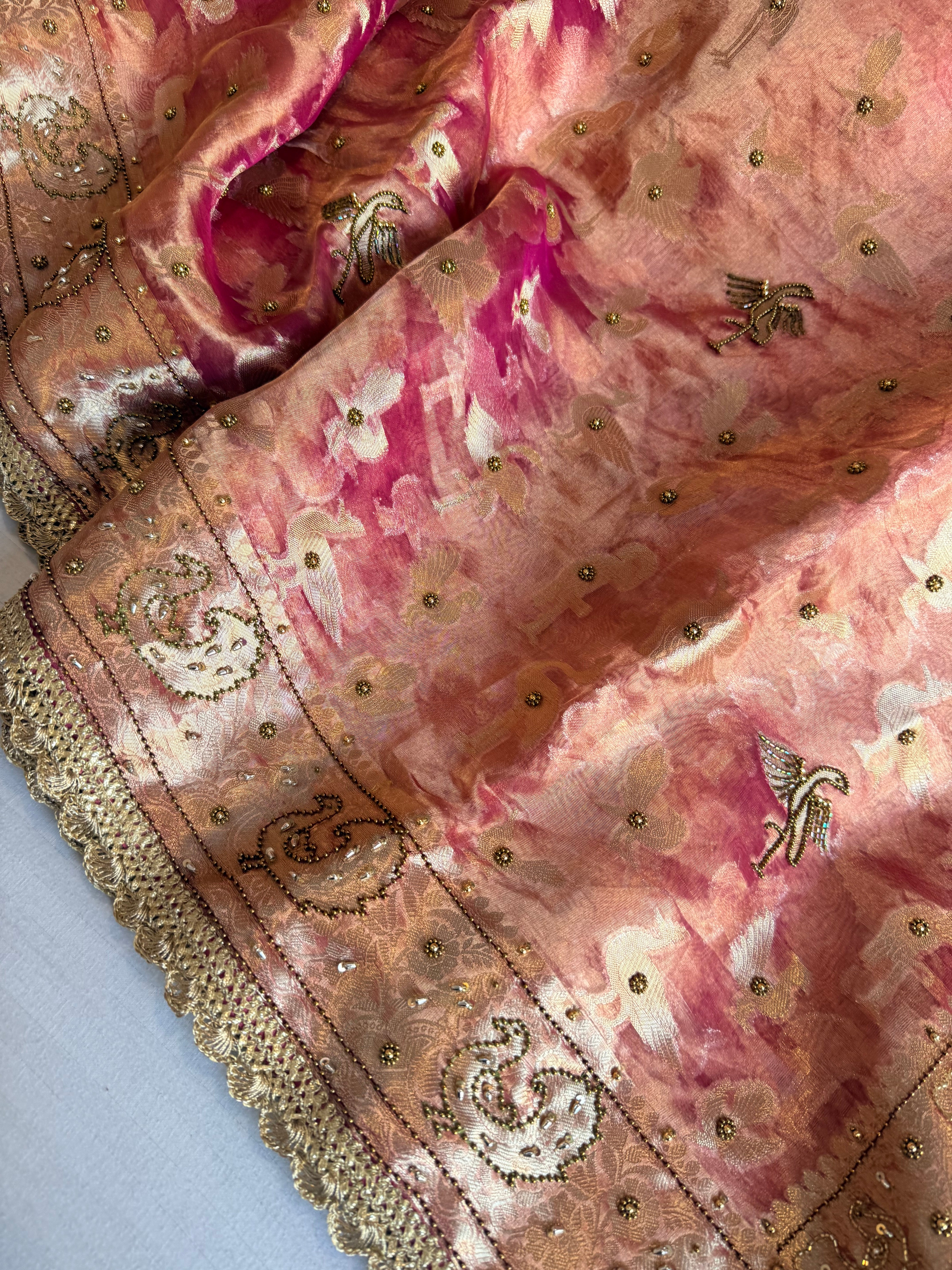 Chiraiya wali saree - Rani pink tissue silk figure motif weaving and hand embroidered saree
