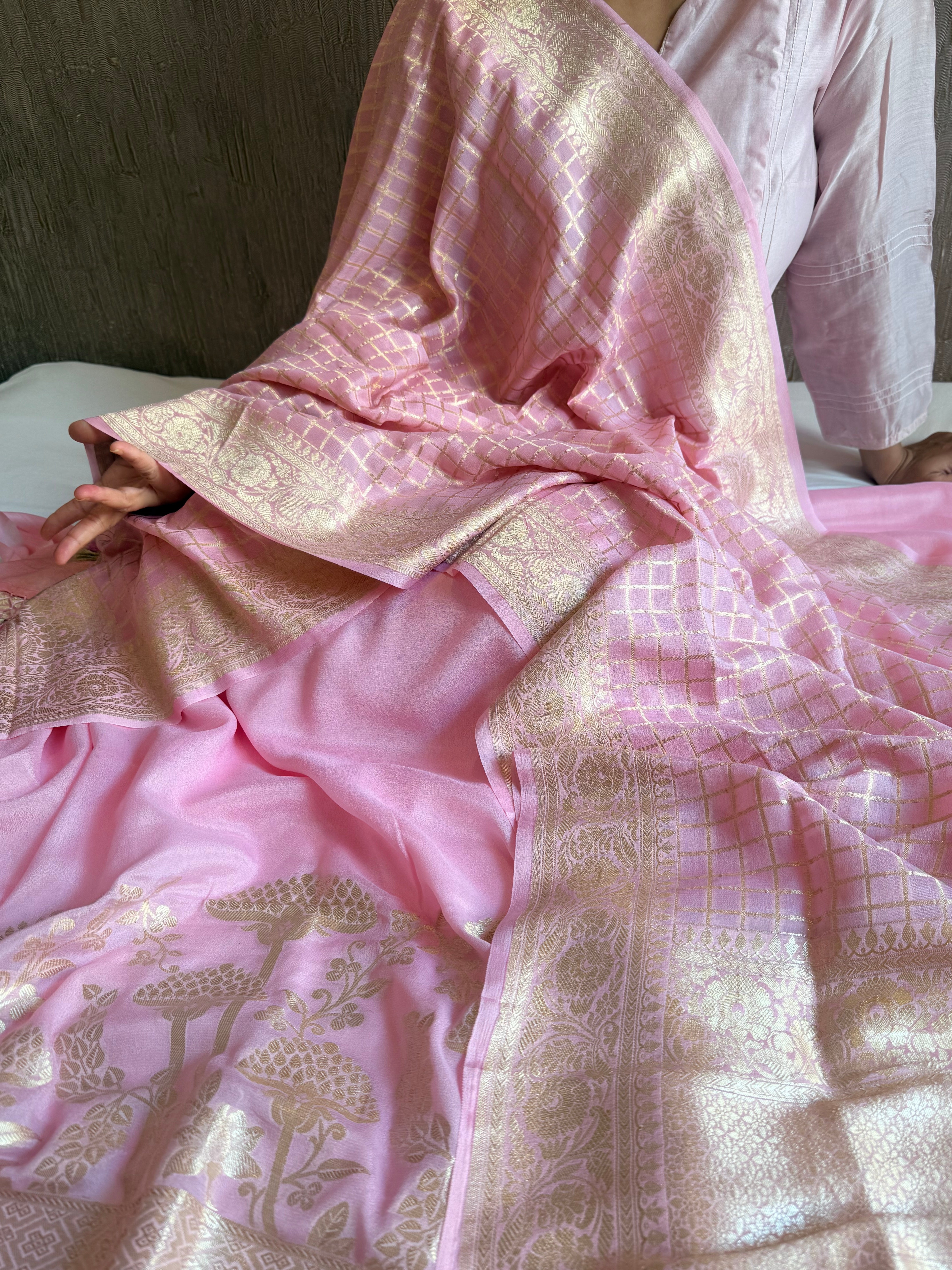 Chiffon gorgette blush pink kadhwa weaving banarasi suit set