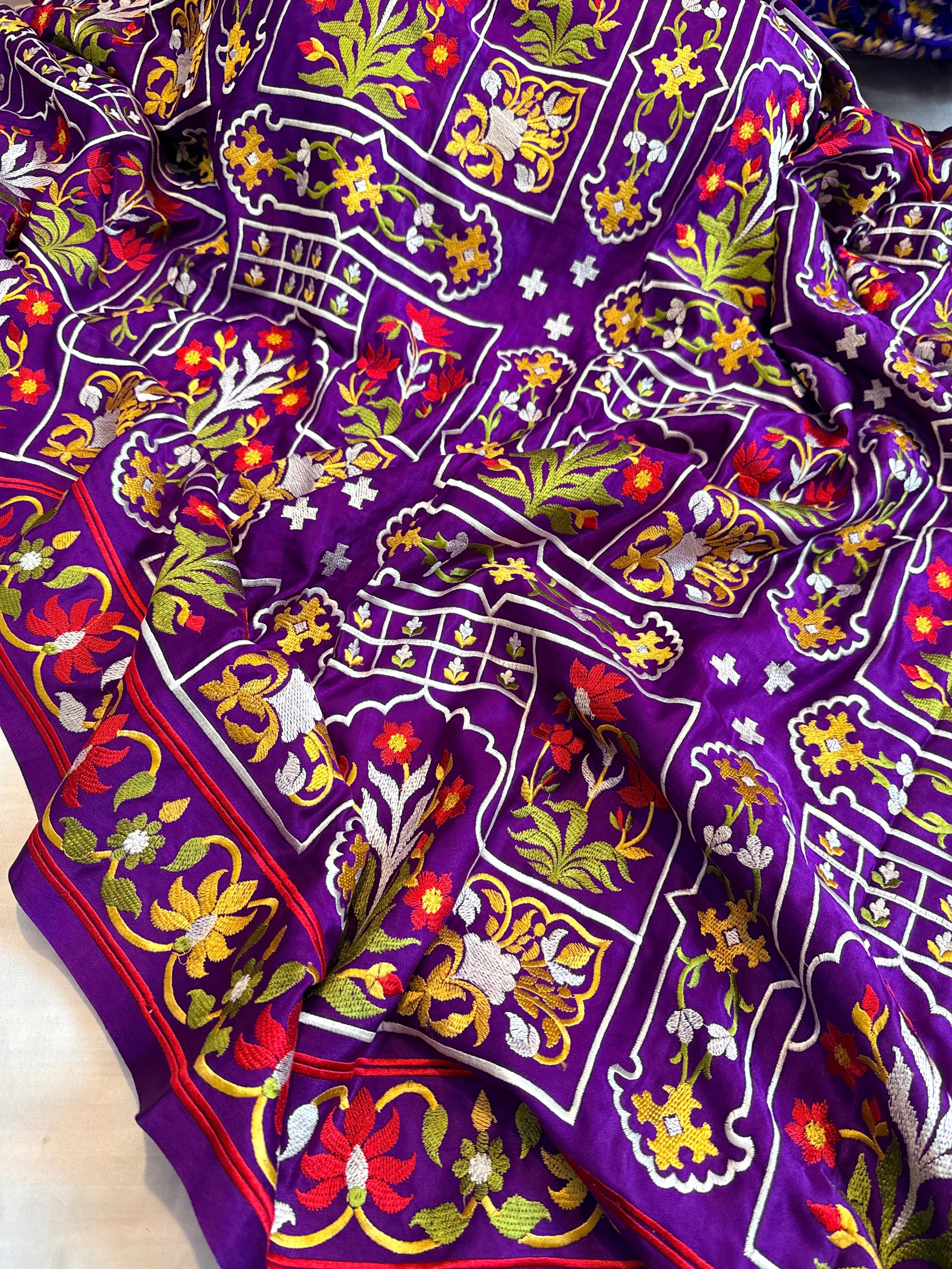Jamdani hand embroidered purple mashru silk thread embroidered saree