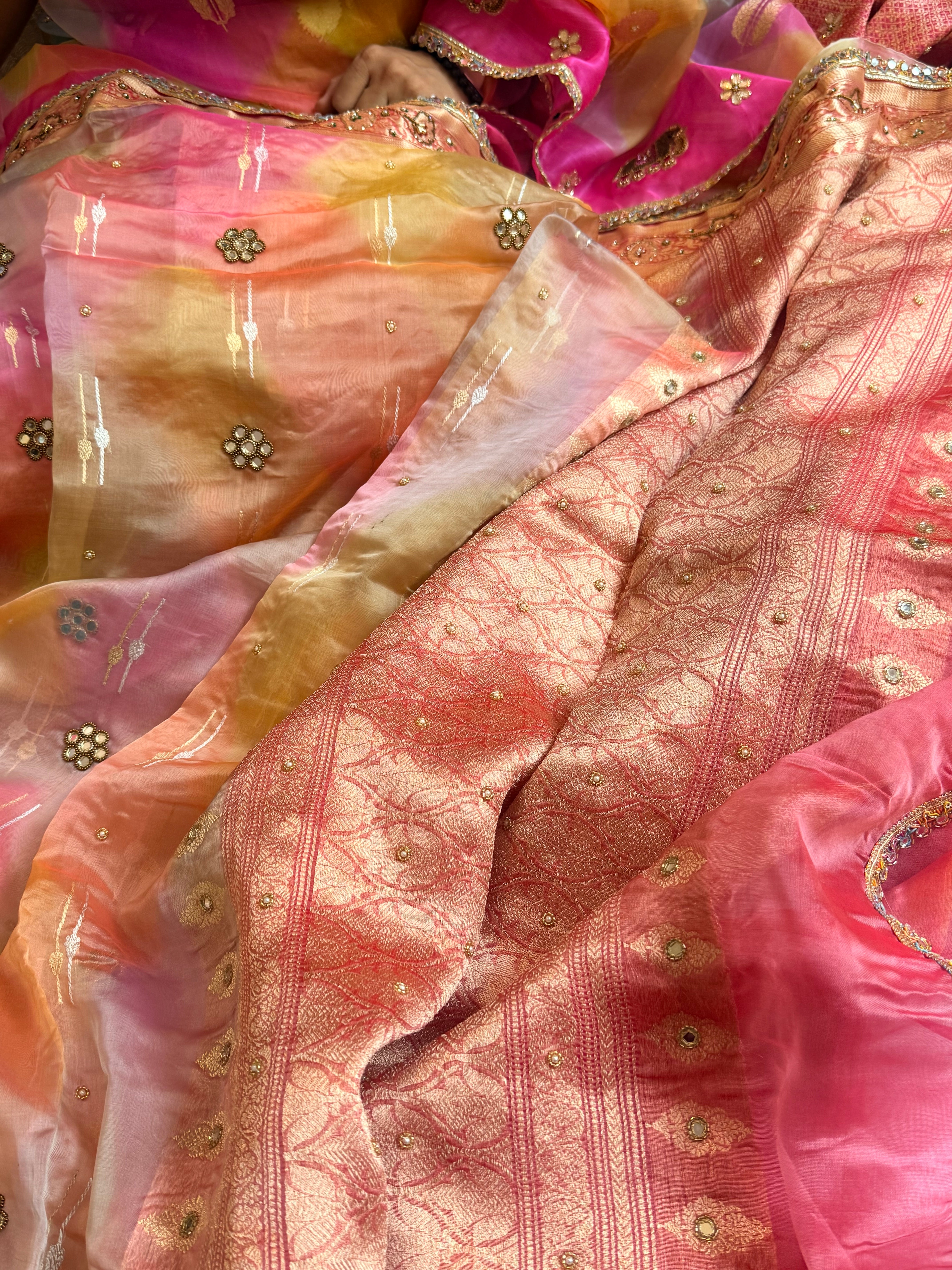 Gulab ka ras - Kora silk rangkaat weaving hand embroidered zubieda inspired saree