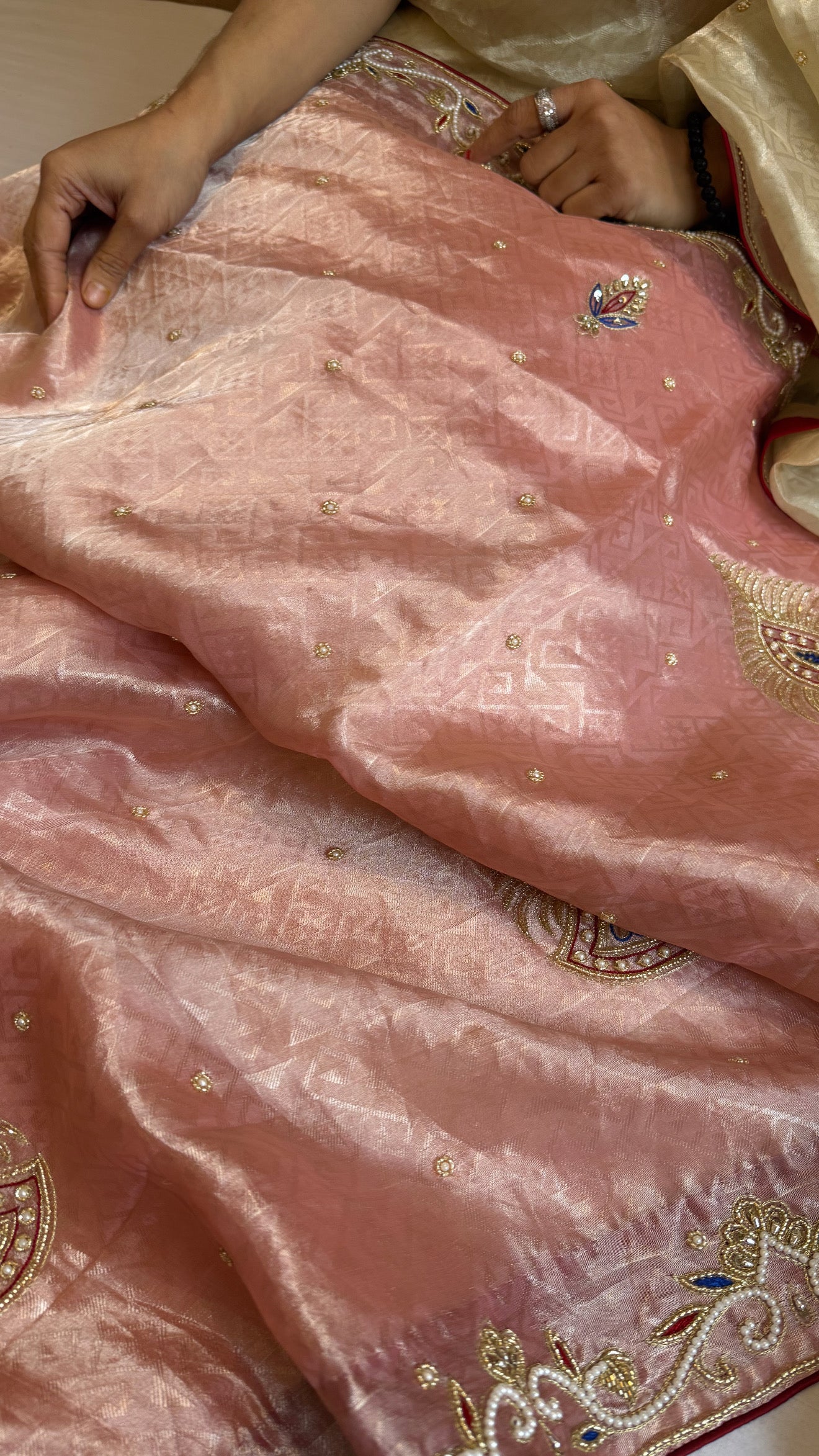 Pakeezah edit 2.0 - Gajri shade zardozi hand embroidered tissue silk kadhwa saree