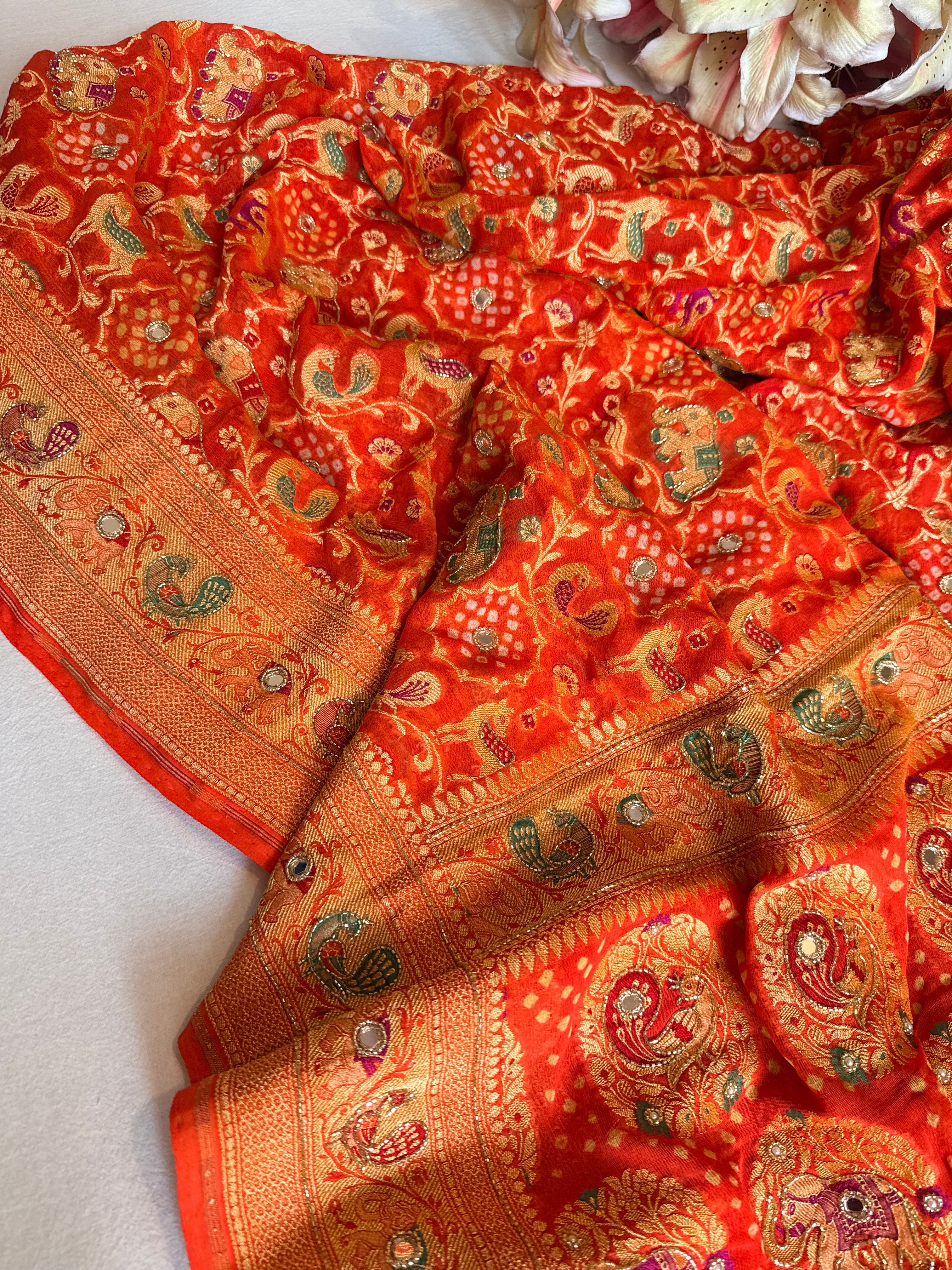 Banarasi chiffon gorgette rai bandhej kadhwa weaving hand embroidered saree