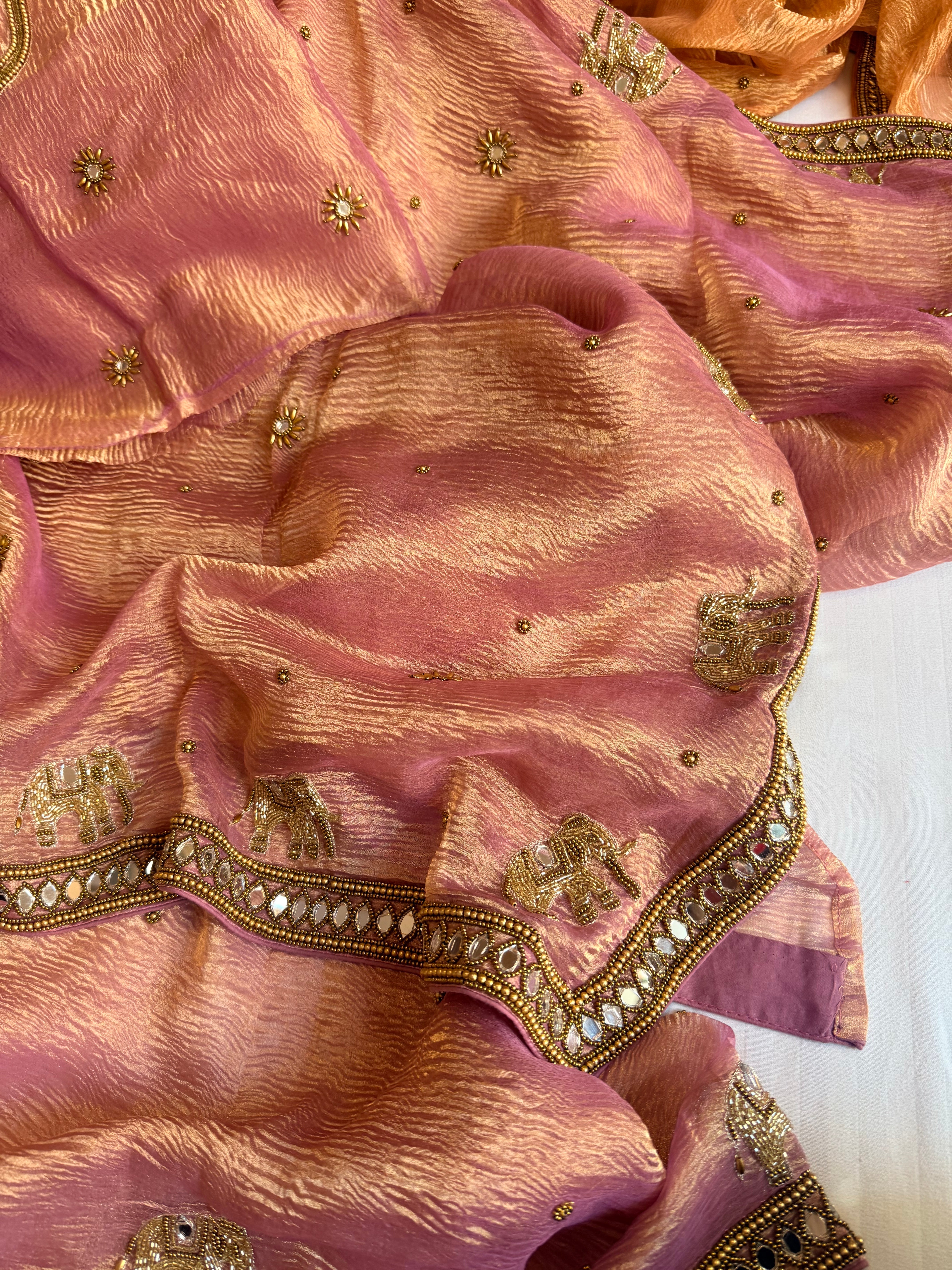 Mirrorwork edit blush pink crushed tissue silk hand embroidered saree