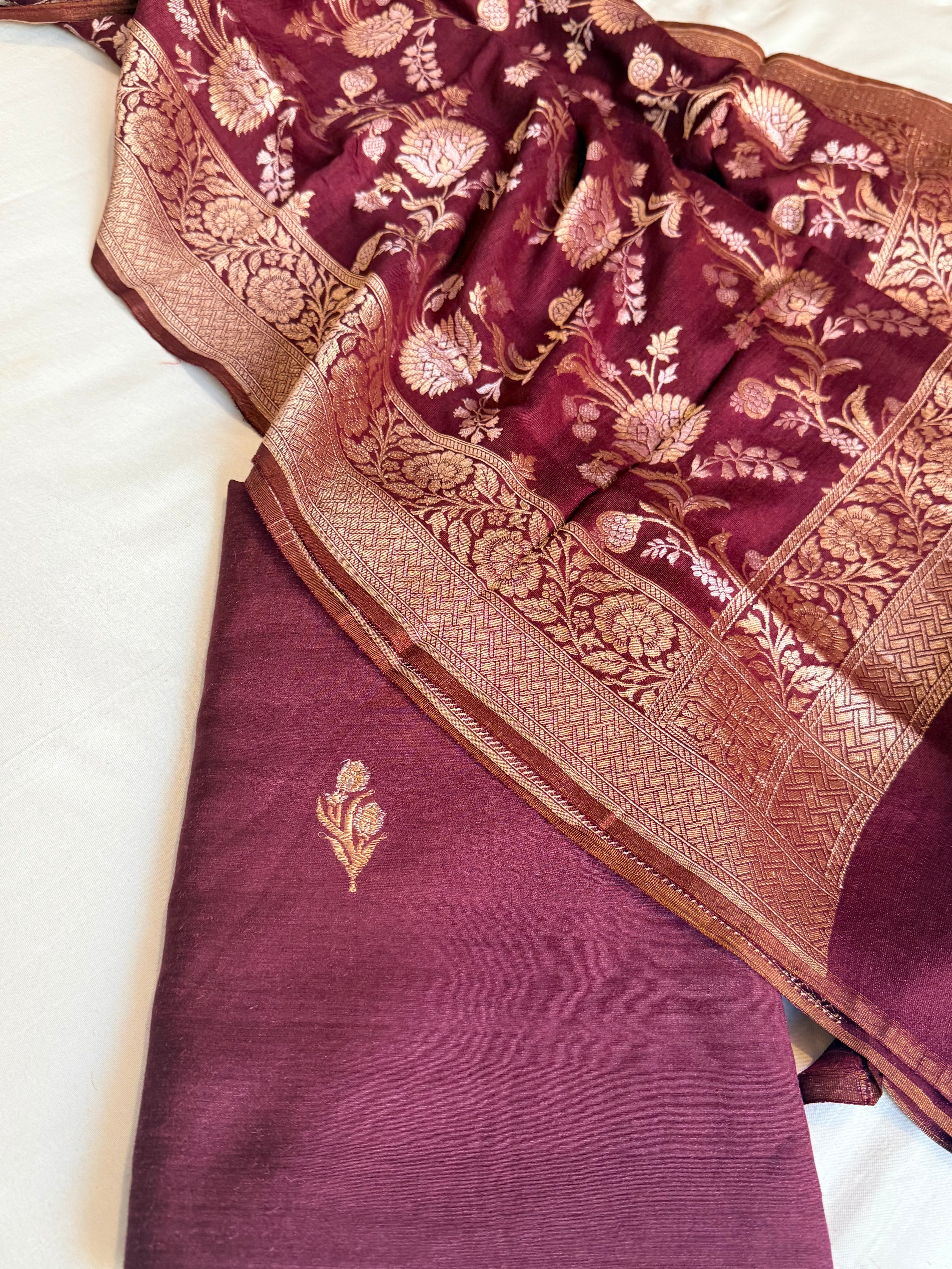 Moonga silk maroon shade kadhwa jungla duppata suit set