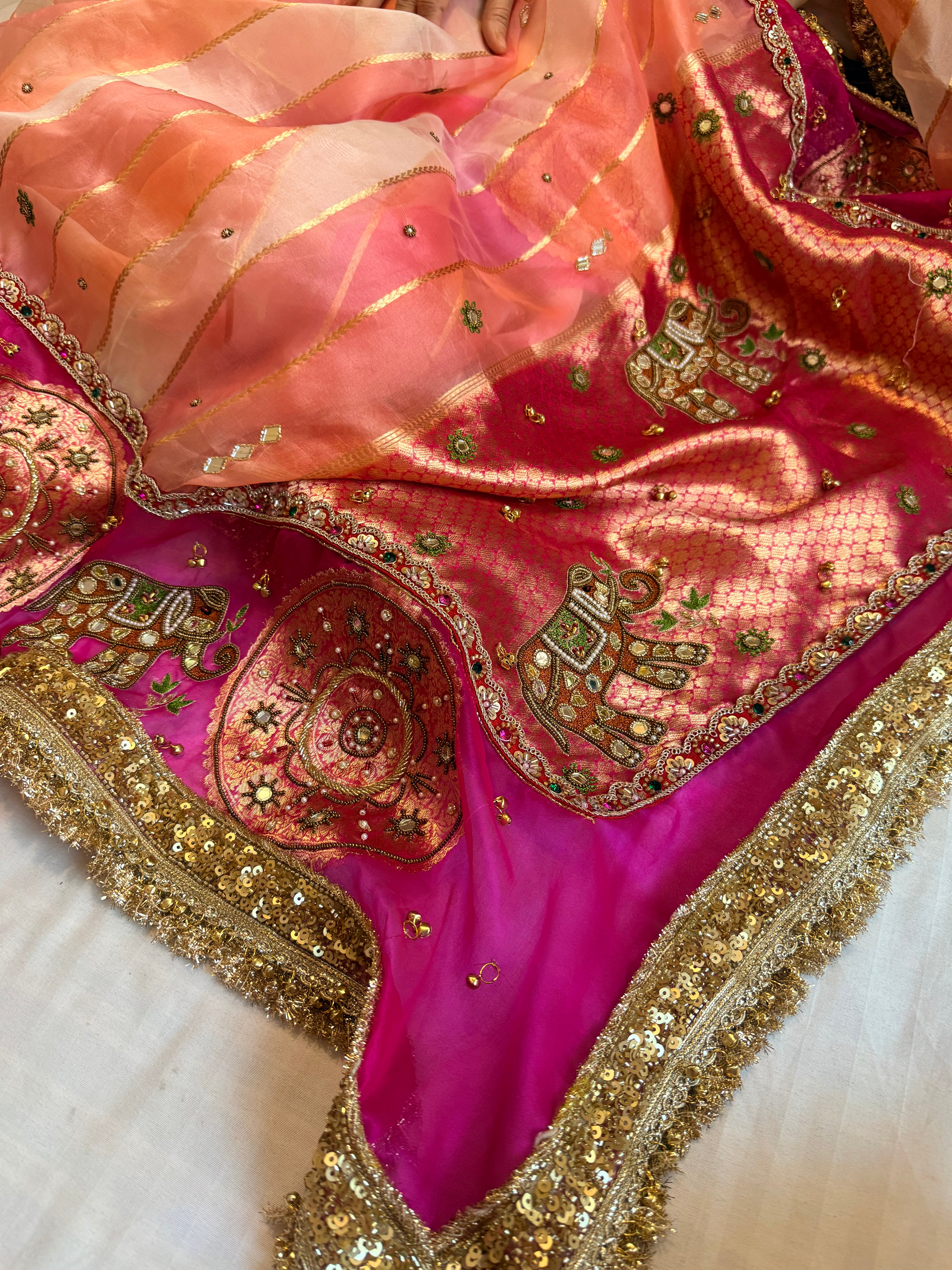Navratan edit - Gola buti and hathi work hand embroidered kora silk saree